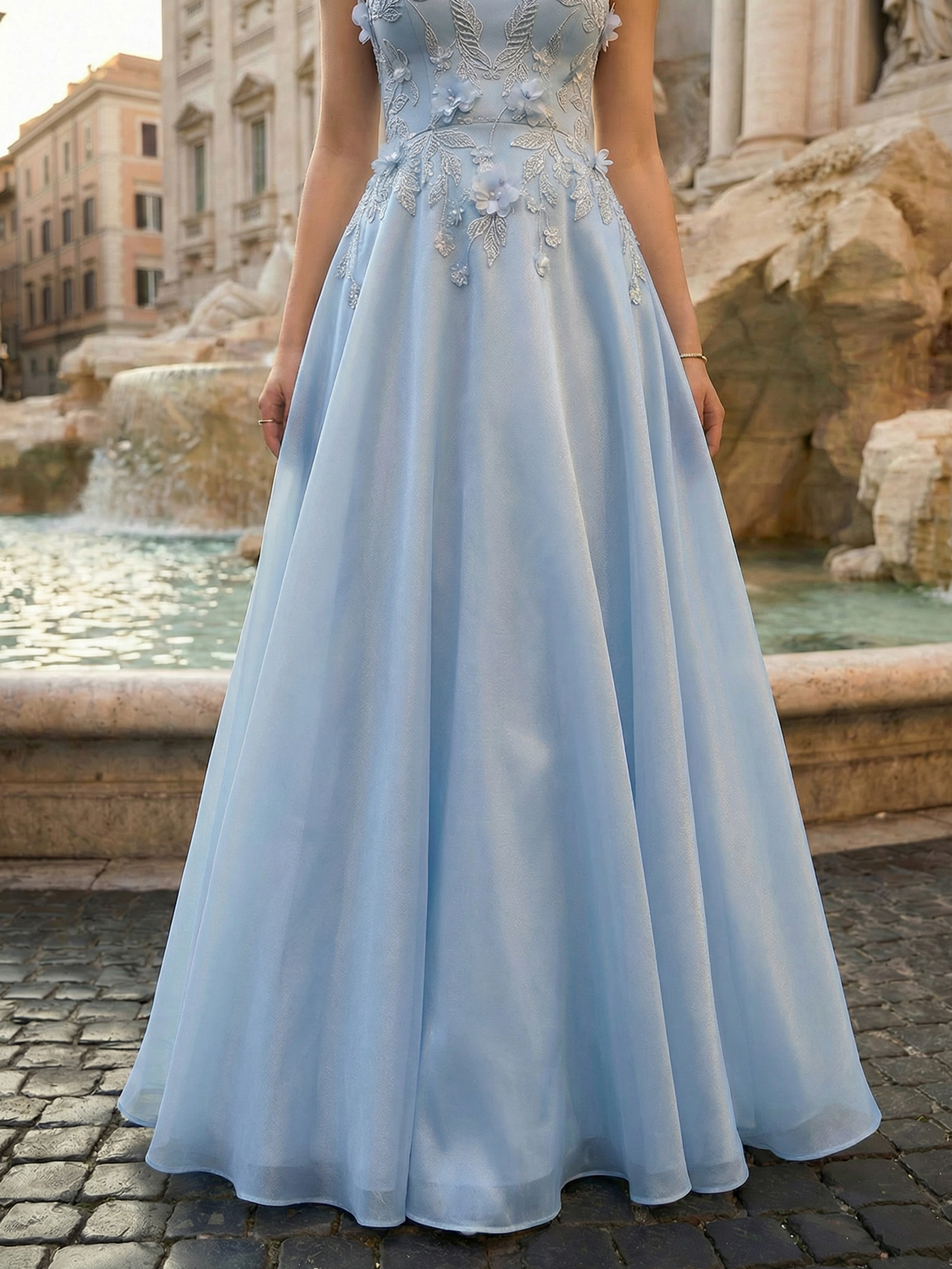 A-line Strapless Sleeveless Long Prom Dress with 3D Appliqued