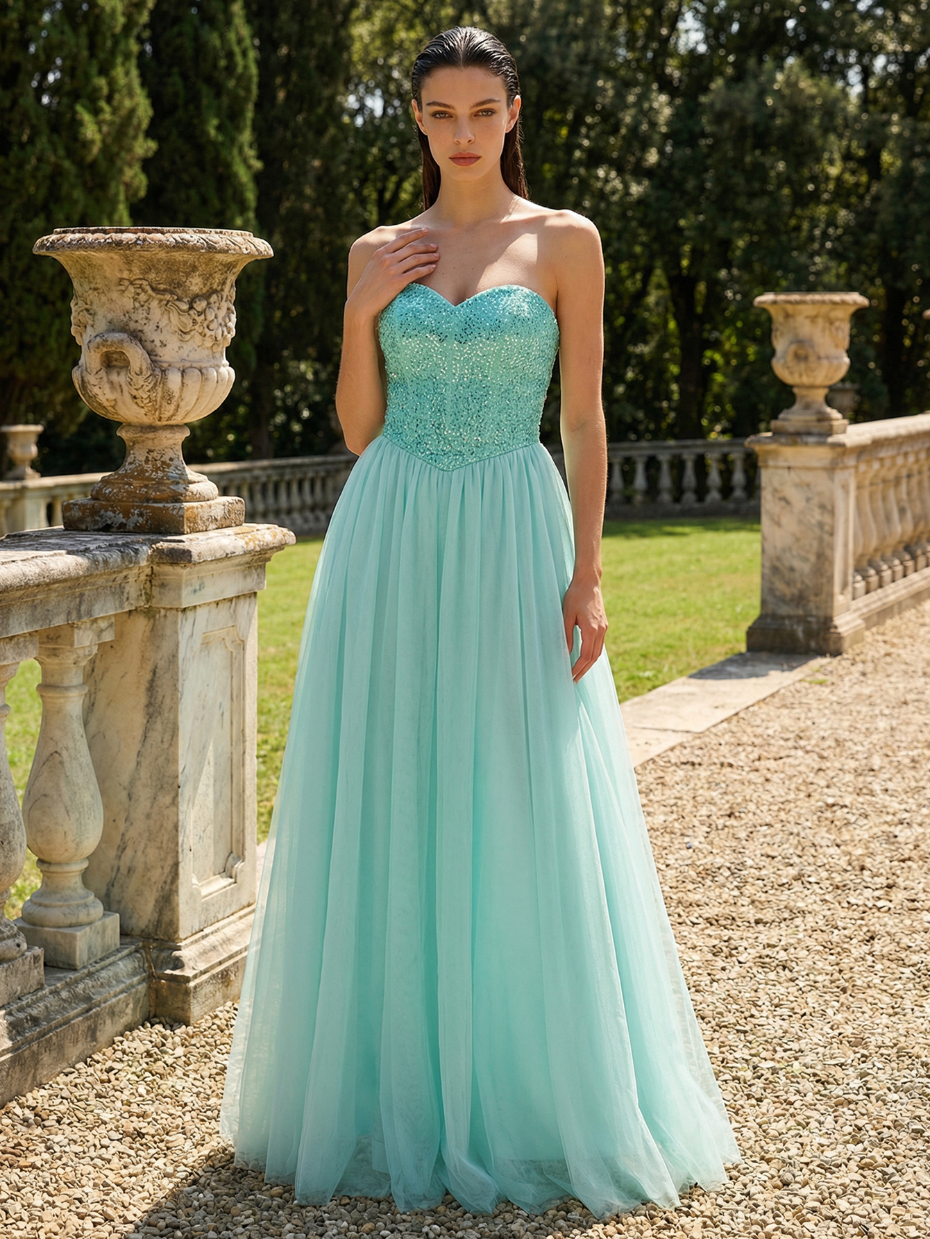 A-line Strapless Sleeveless Tulle Long Prom Dress with Beading