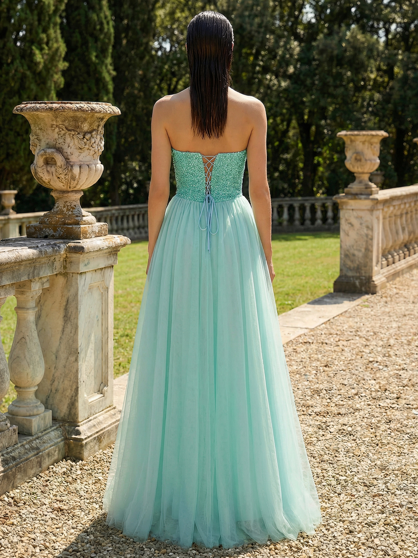 A-line Strapless Sleeveless Tulle Long Prom Dress with Beading