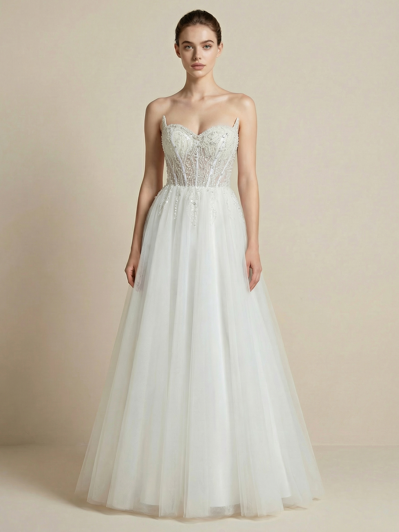 A-line Strapless Sleeveless Tulle Wedding Dress with Beading