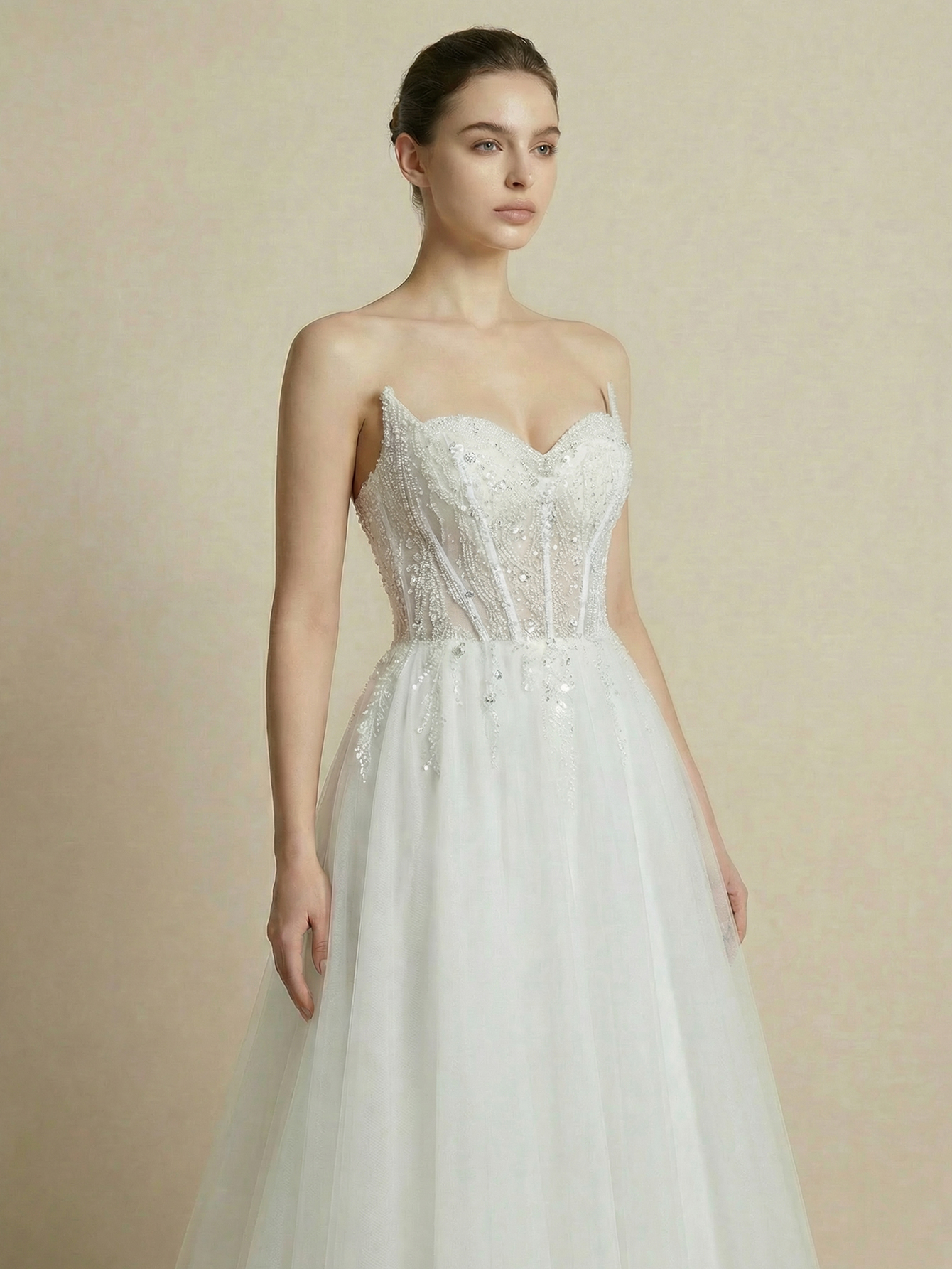 A-line Strapless Sleeveless Tulle Wedding Dress with Beading