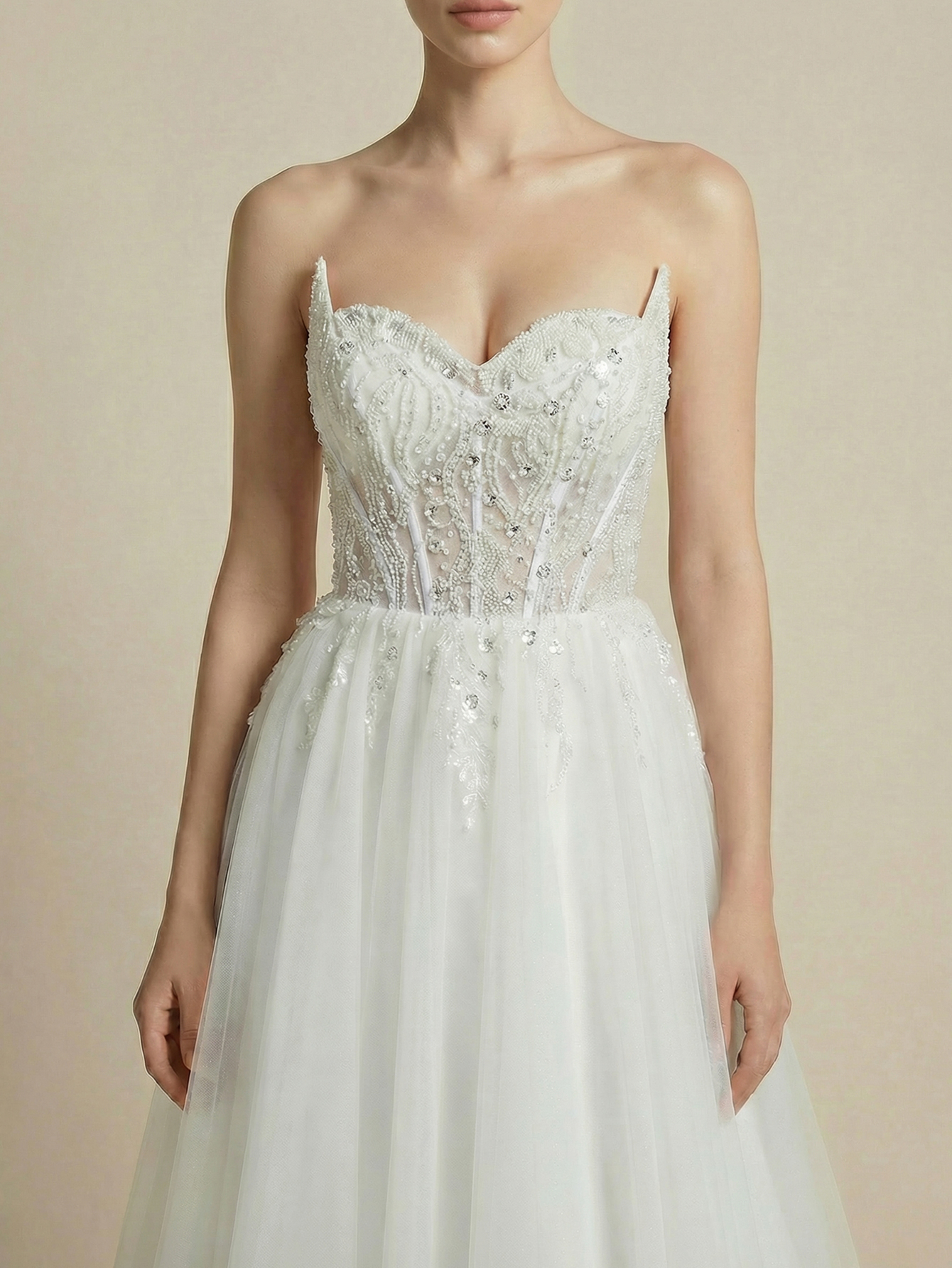 A-line Strapless Sleeveless Tulle Wedding Dress with Beading