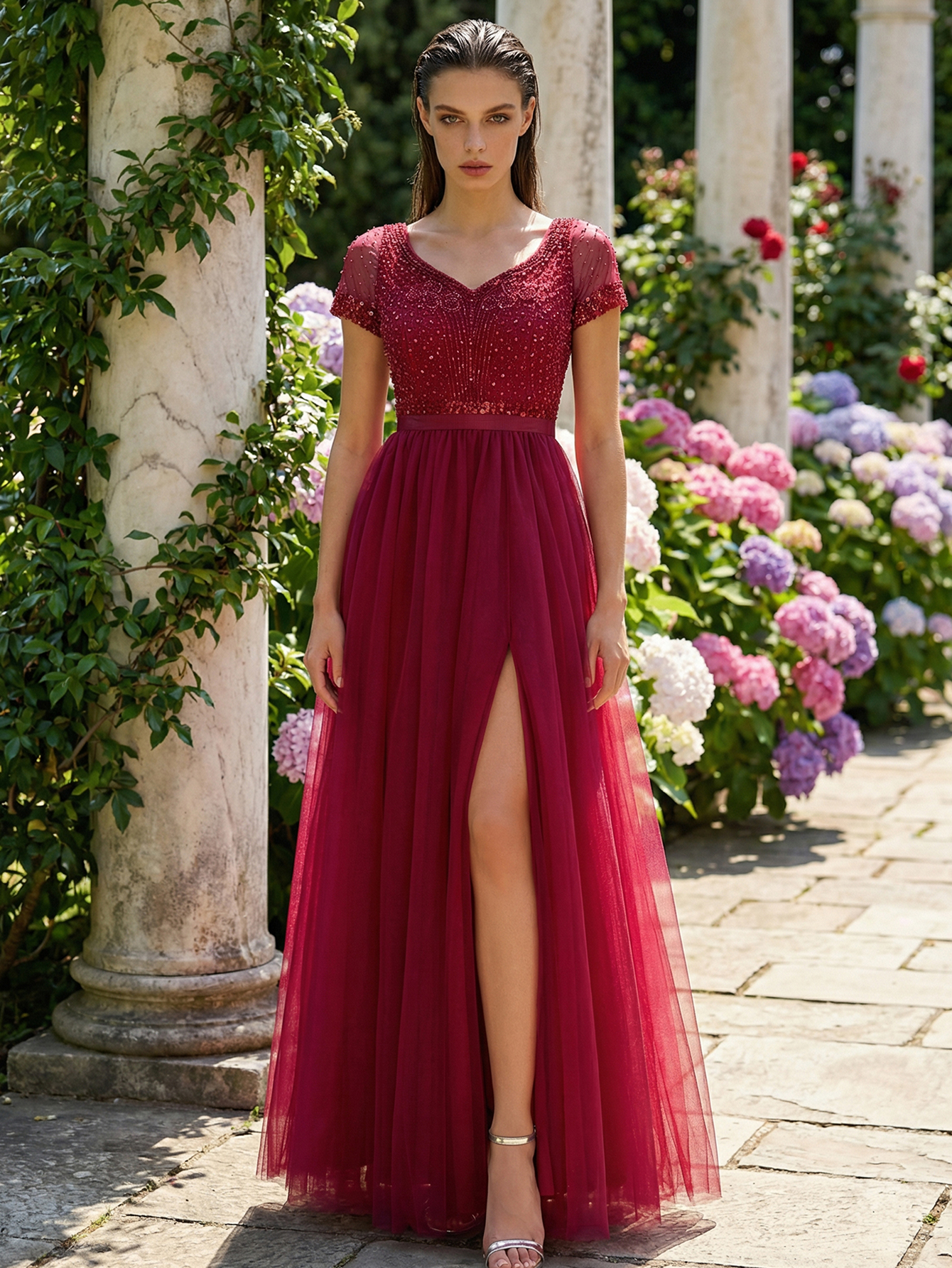 A-line Sweetheart Short Sleeve Tulle Long Prom Dress with Beading