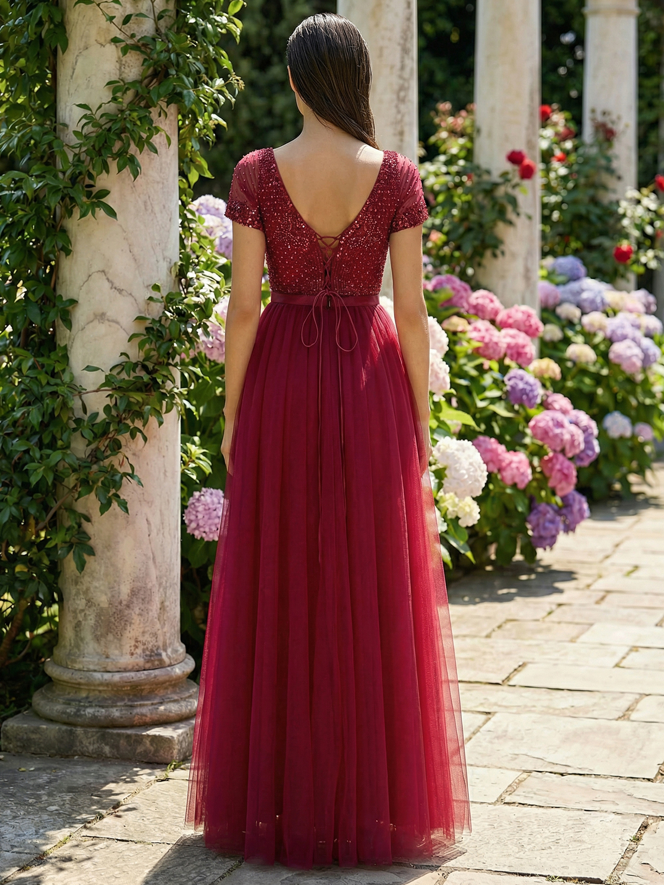 A-line Sweetheart Short Sleeve Tulle Long Prom Dress with Beading