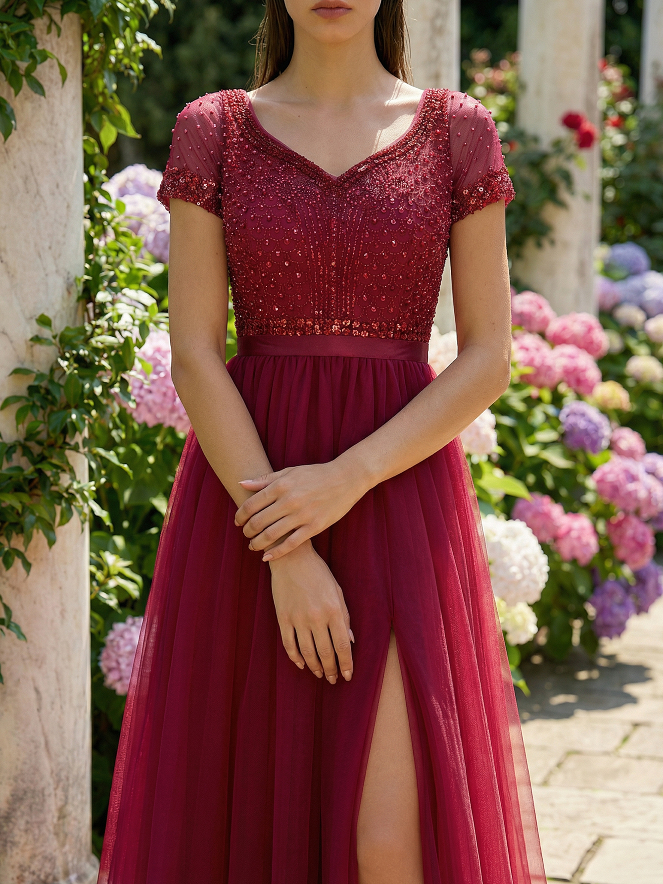 A-line Sweetheart Short Sleeve Tulle Long Prom Dress with Beading