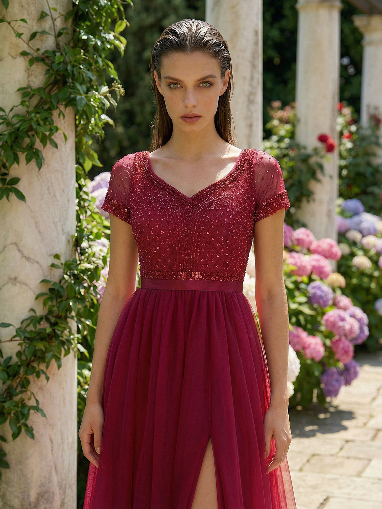 A-line Sweetheart Short Sleeve Tulle Long Prom Dress with Beading