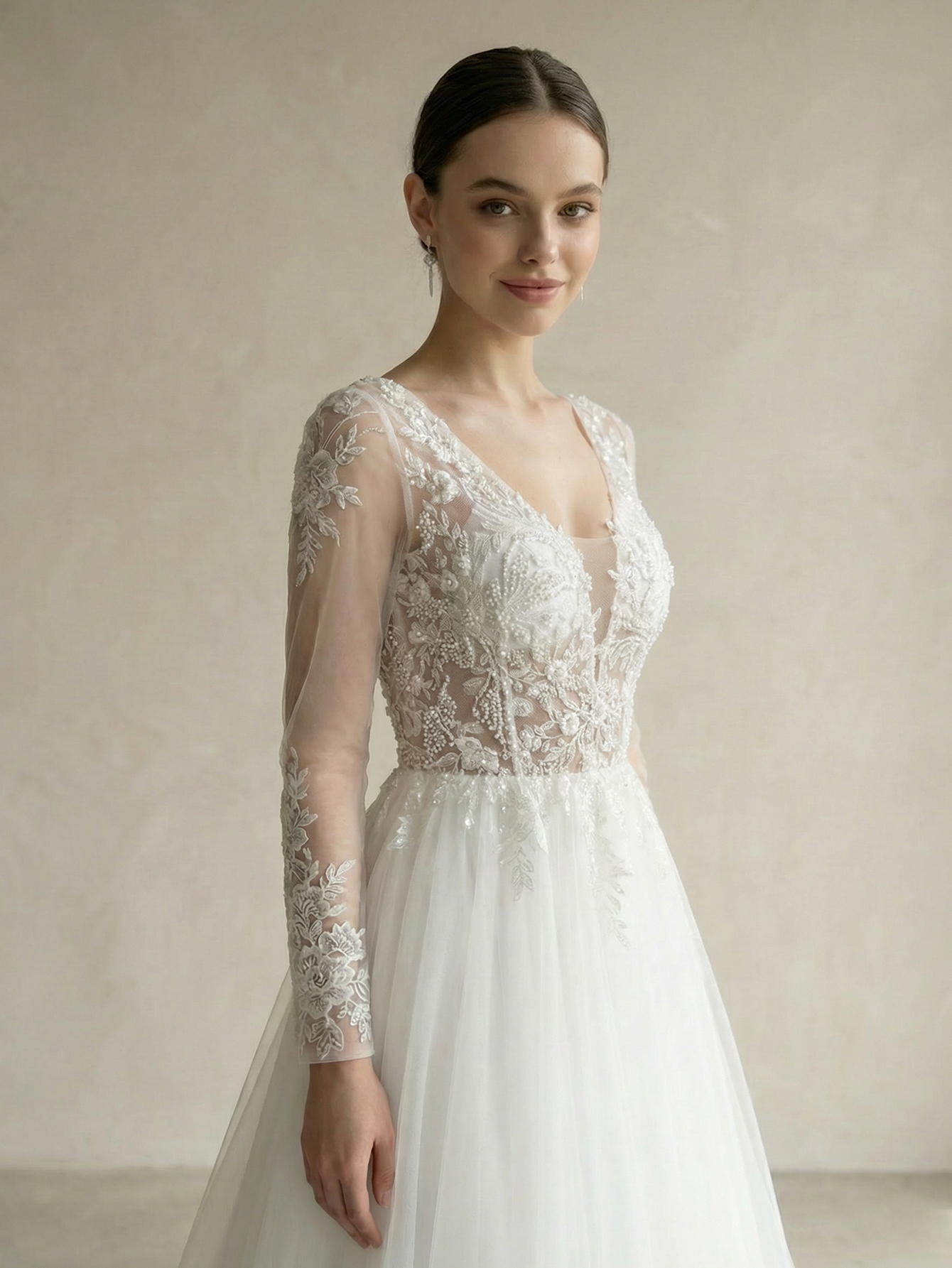 A-line V Neck Long SleeveTulle Wedding Dress with Appliqued Beading