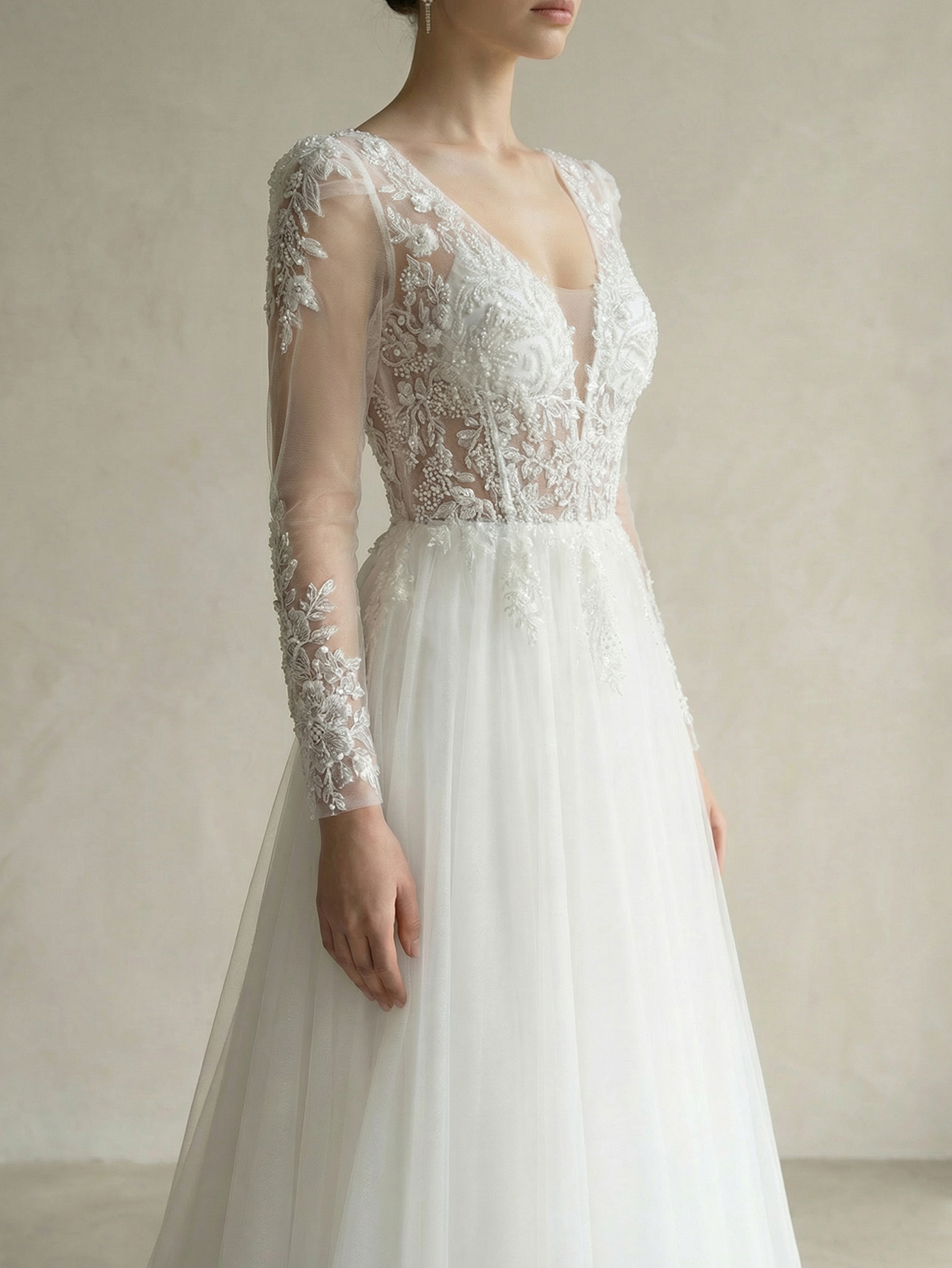 A-line V Neck Long SleeveTulle Wedding Dress with Appliqued Beading