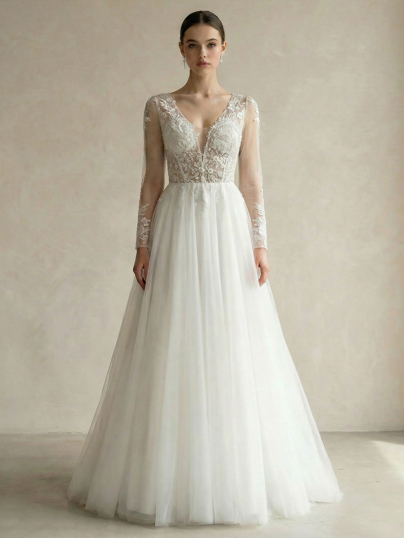 A-line V Neck Long SleeveTulle Wedding Dress with Appliqued Beading