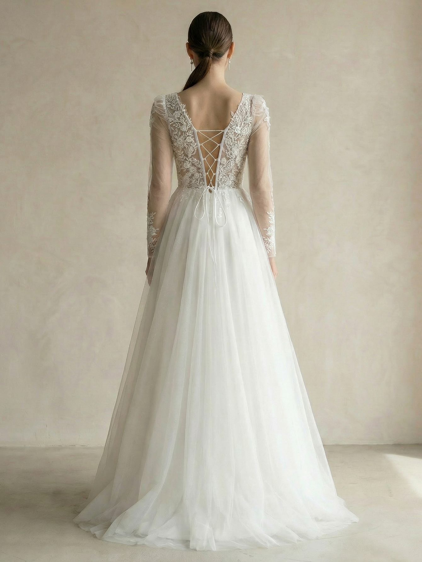 A-line V Neck Long SleeveTulle Wedding Dress with Appliqued Beading