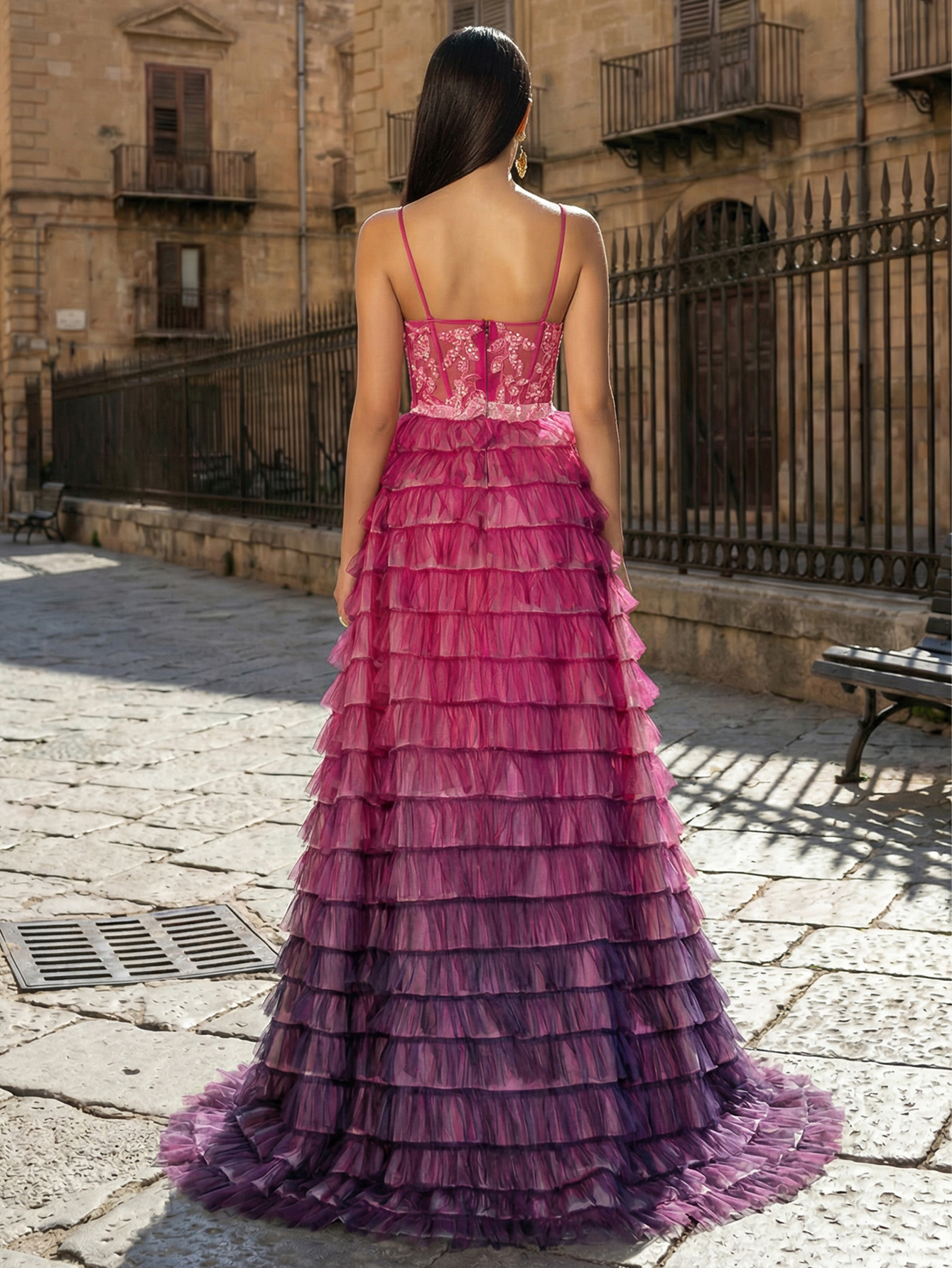 A-line V Neck Sleeveless Tulle High Low Prom Dress with Appliqued Beading Ruffles