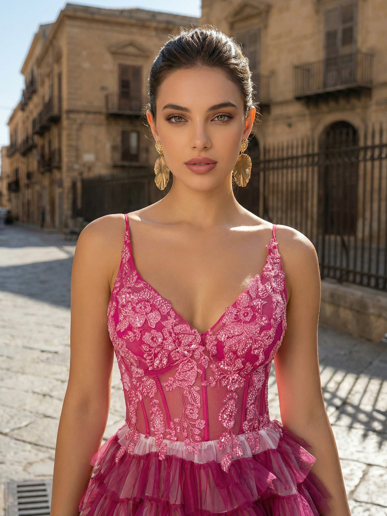 A-line V Neck Sleeveless Tulle High Low Prom Dress with Appliqued Beading Ruffles