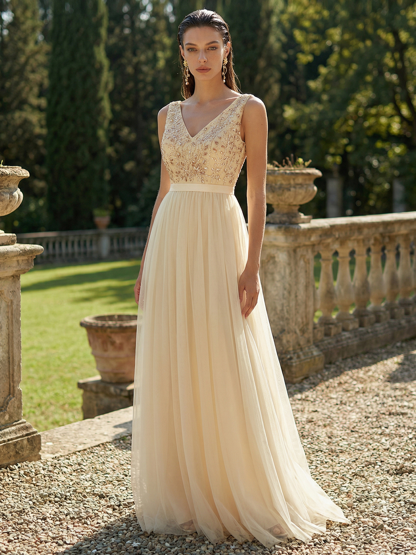 A-line V Neck Sleeveless Tulle Long Prom Dress with Beading