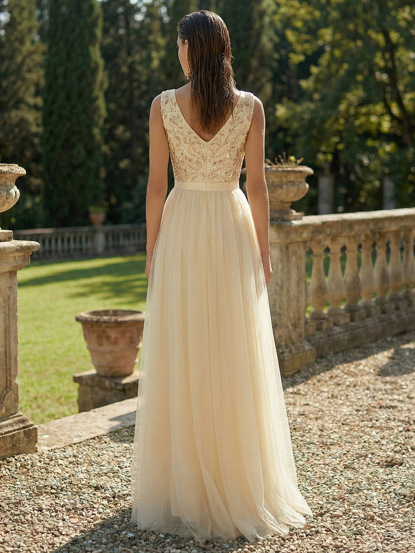 A-line V Neck Sleeveless Tulle Long Prom Dress with Beading