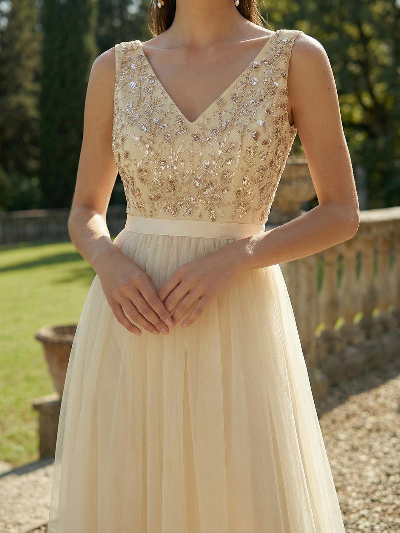 A-line V Neck Sleeveless Tulle Long Prom Dress with Beading