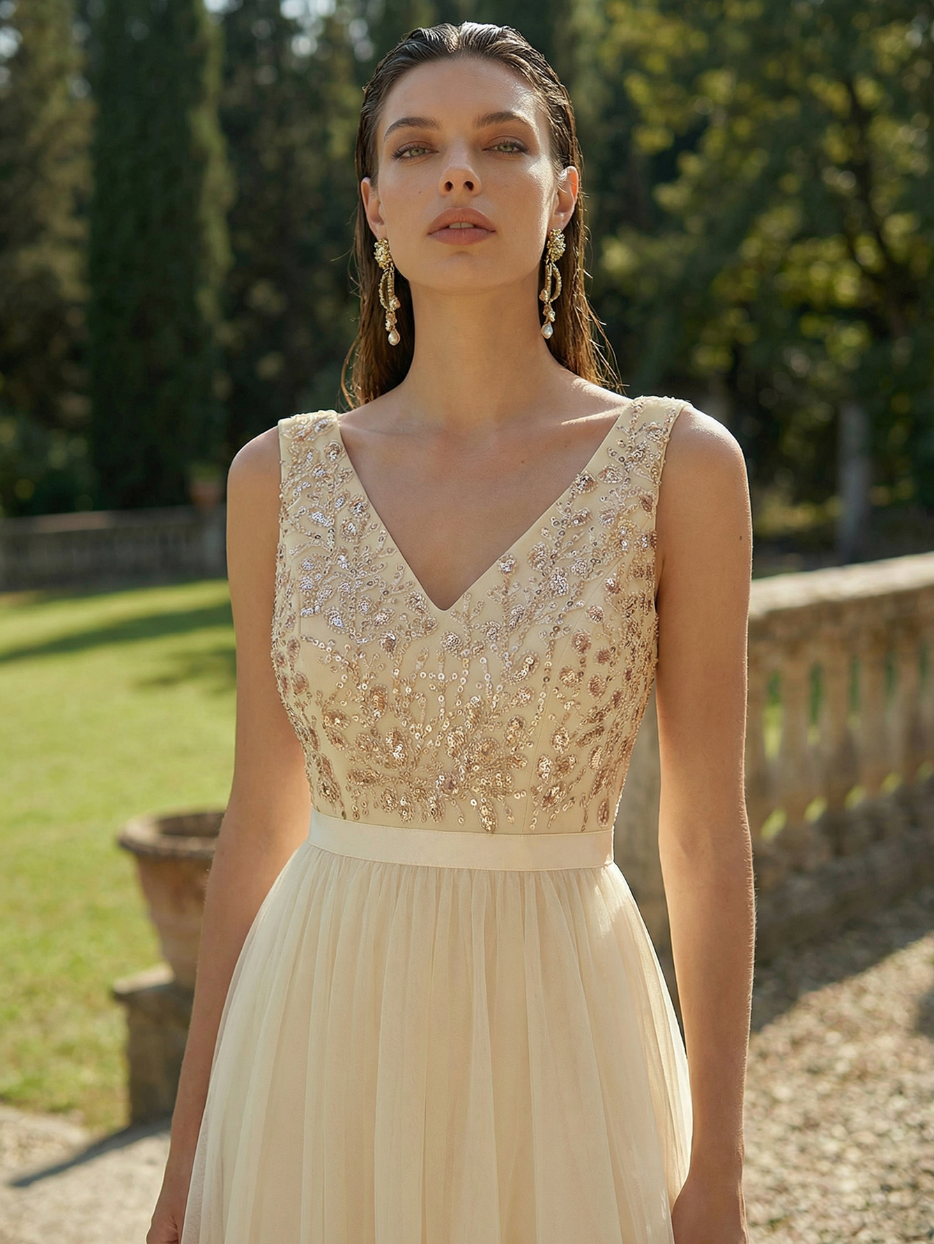 A-line V Neck Sleeveless Tulle Long Prom Dress with Beading