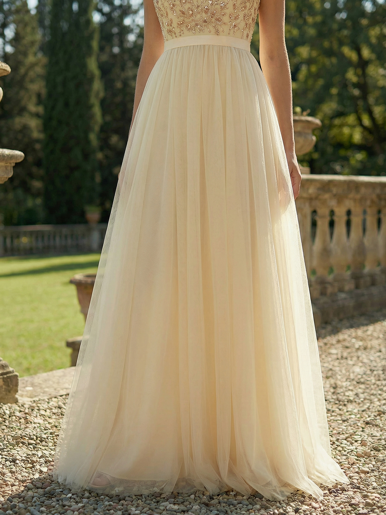A-line V Neck Sleeveless Tulle Long Prom Dress with Beading
