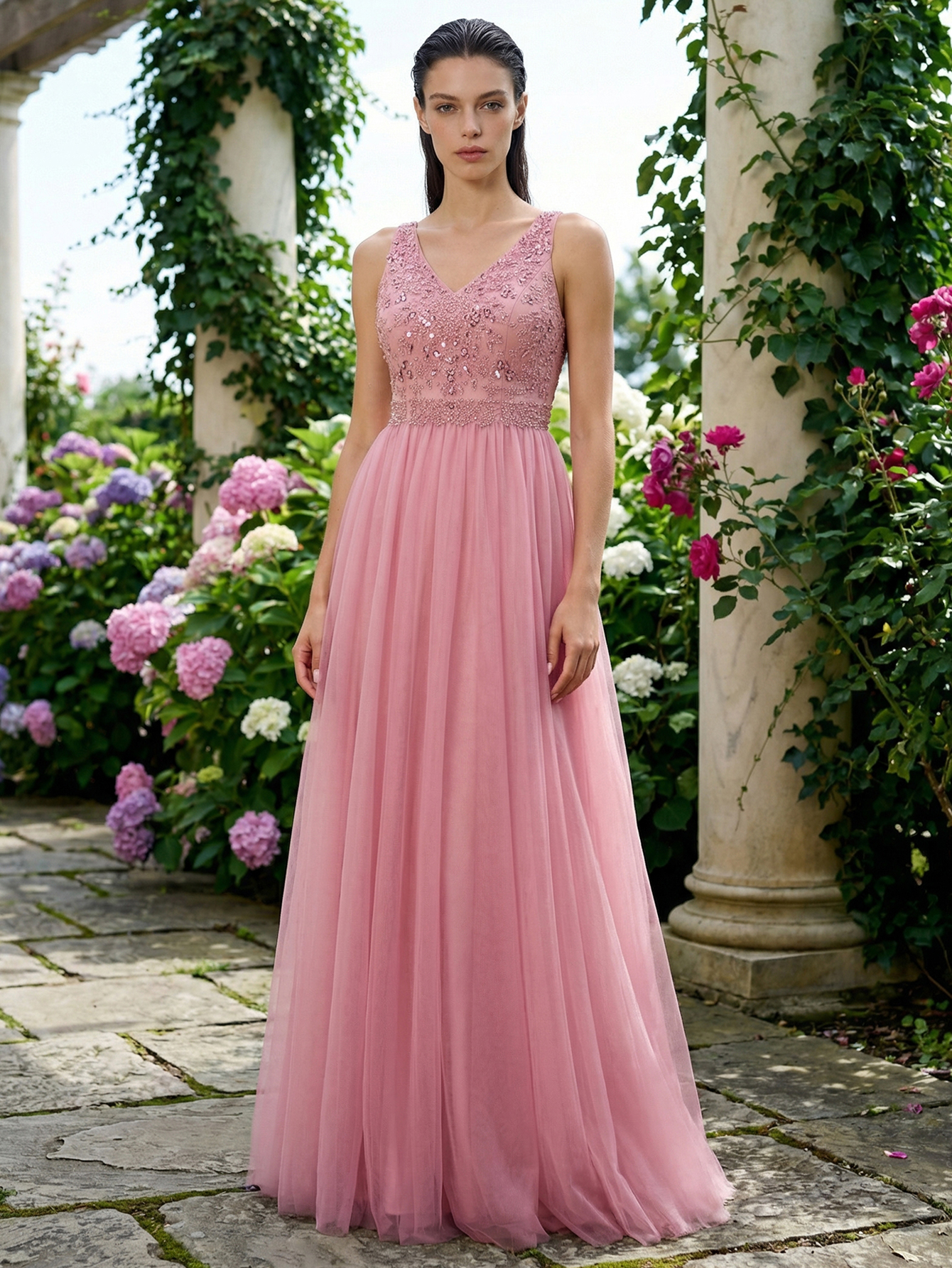 A-line V Neck Tulle Long Prom Dress with Beading