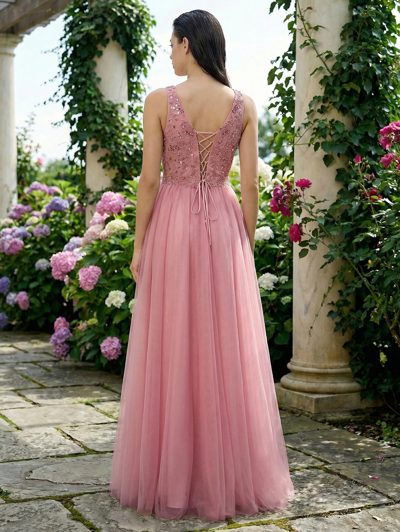 A-line V Neck Tulle Long Prom Dress with Beading