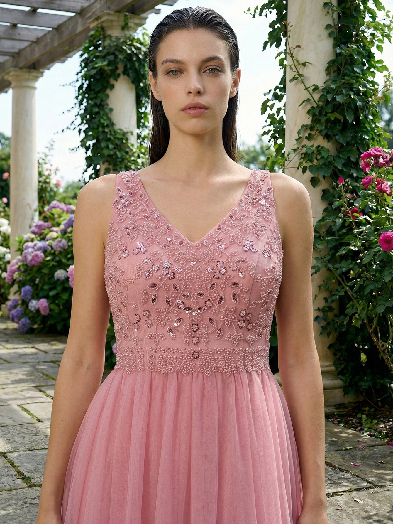 A-line V Neck Tulle Long Prom Dress with Beading