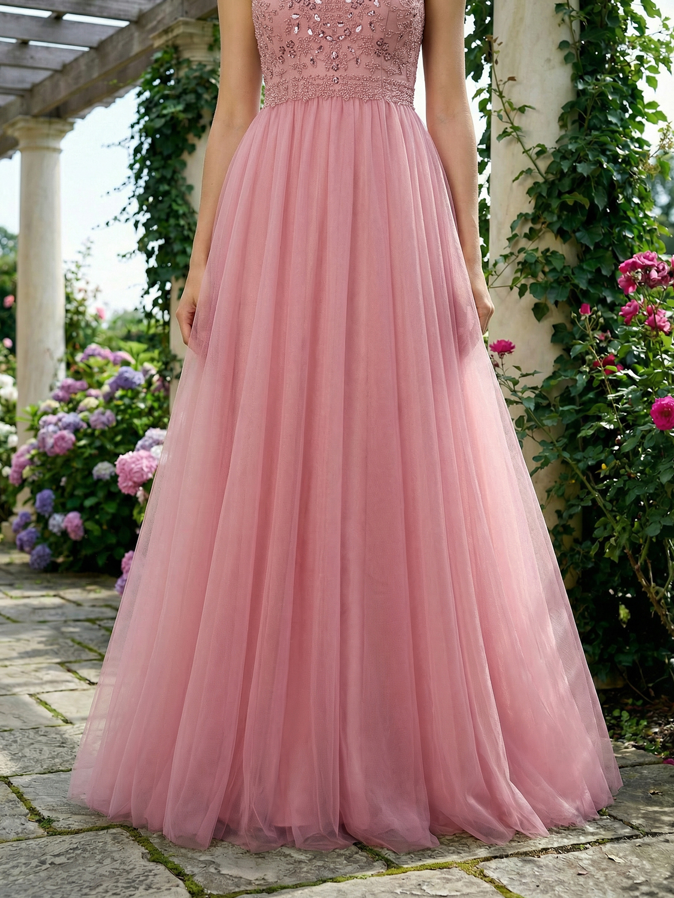 A-line V Neck Tulle Long Prom Dress with Beading