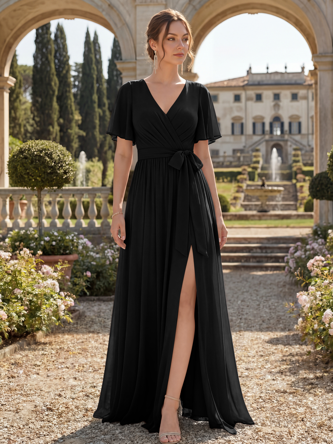Chiffon Bridesmaid Dress V Neck Flutter Sleeve High Slit A-Line Gown