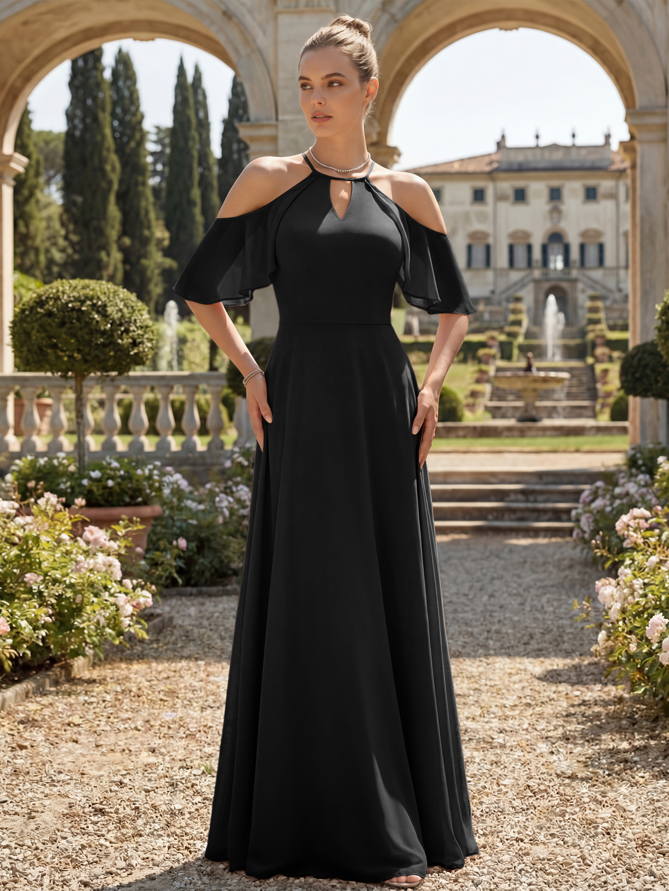 Cold-Shoulder Chiffon Bridesmaid Dress with Keyhole Neckline