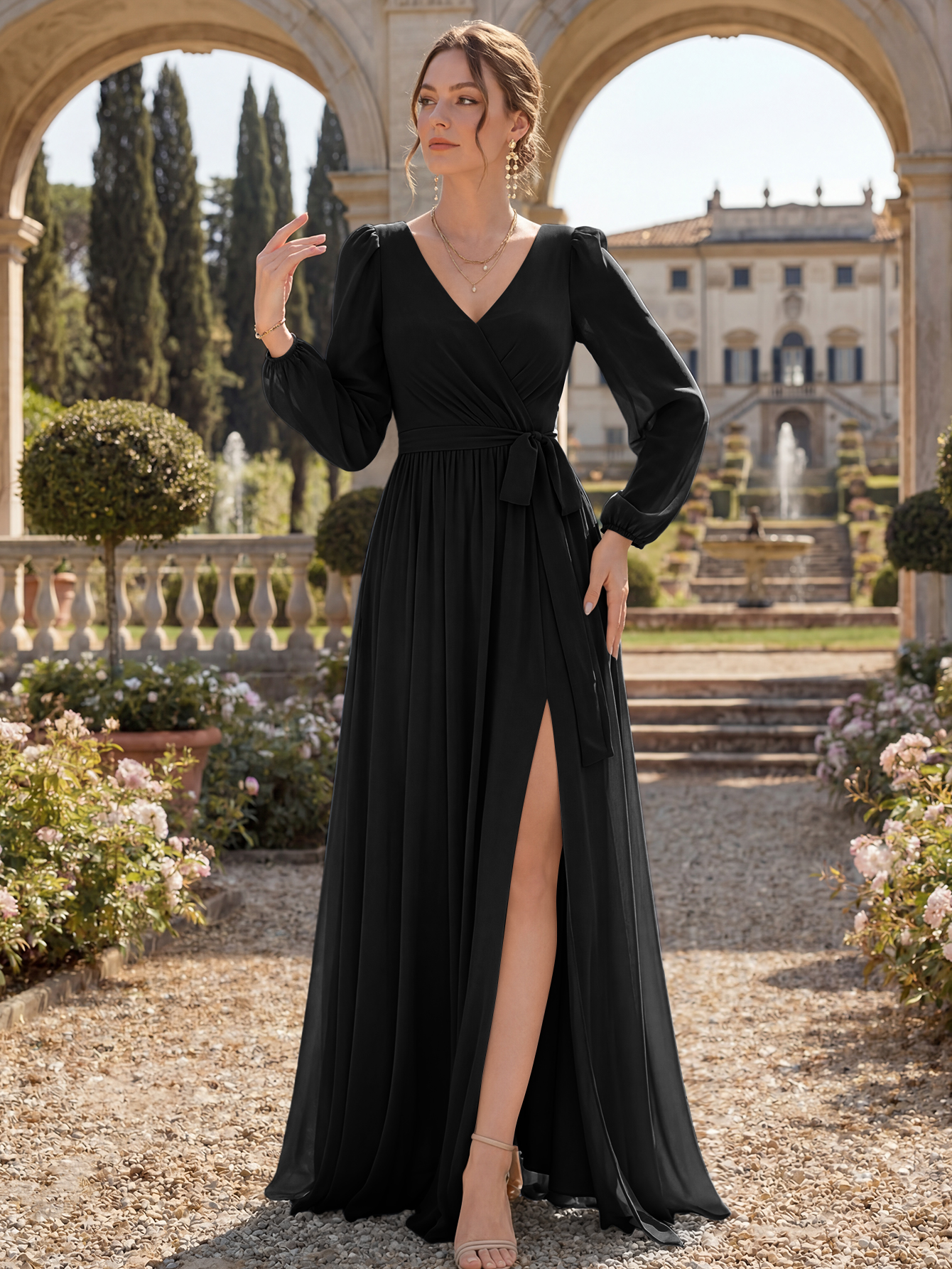 V-Neck Chiffon Bridesmaid Dress with Long Sleeves, Sash & High Slit
