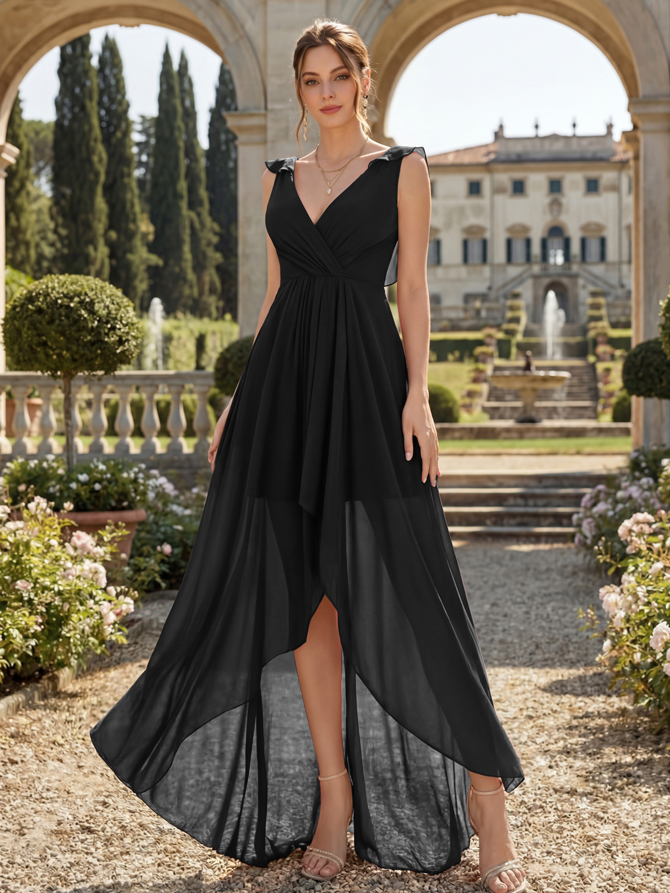 V-Neck High-Low Chiffon Bridesmaid Dress