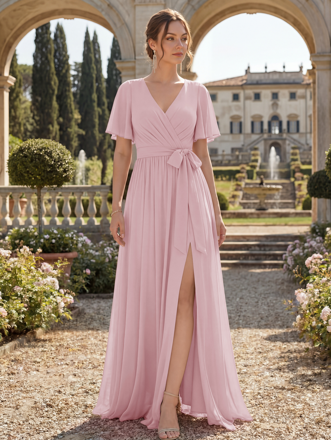 Chiffon Bridesmaid Dress V Neck Flutter Sleeve High Slit A-Line Gown