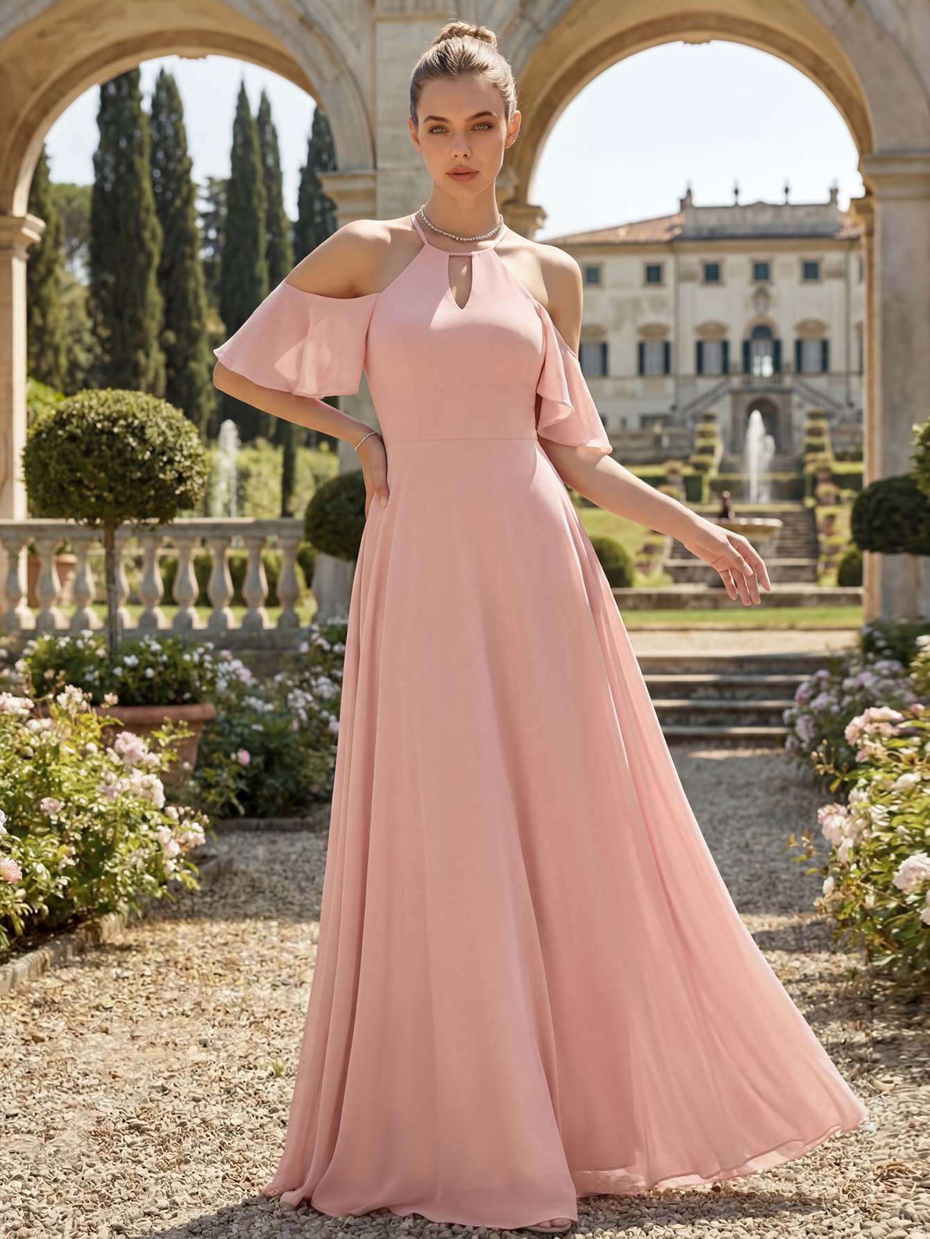 Cold-Shoulder Chiffon Bridesmaid Dress with Keyhole Neckline