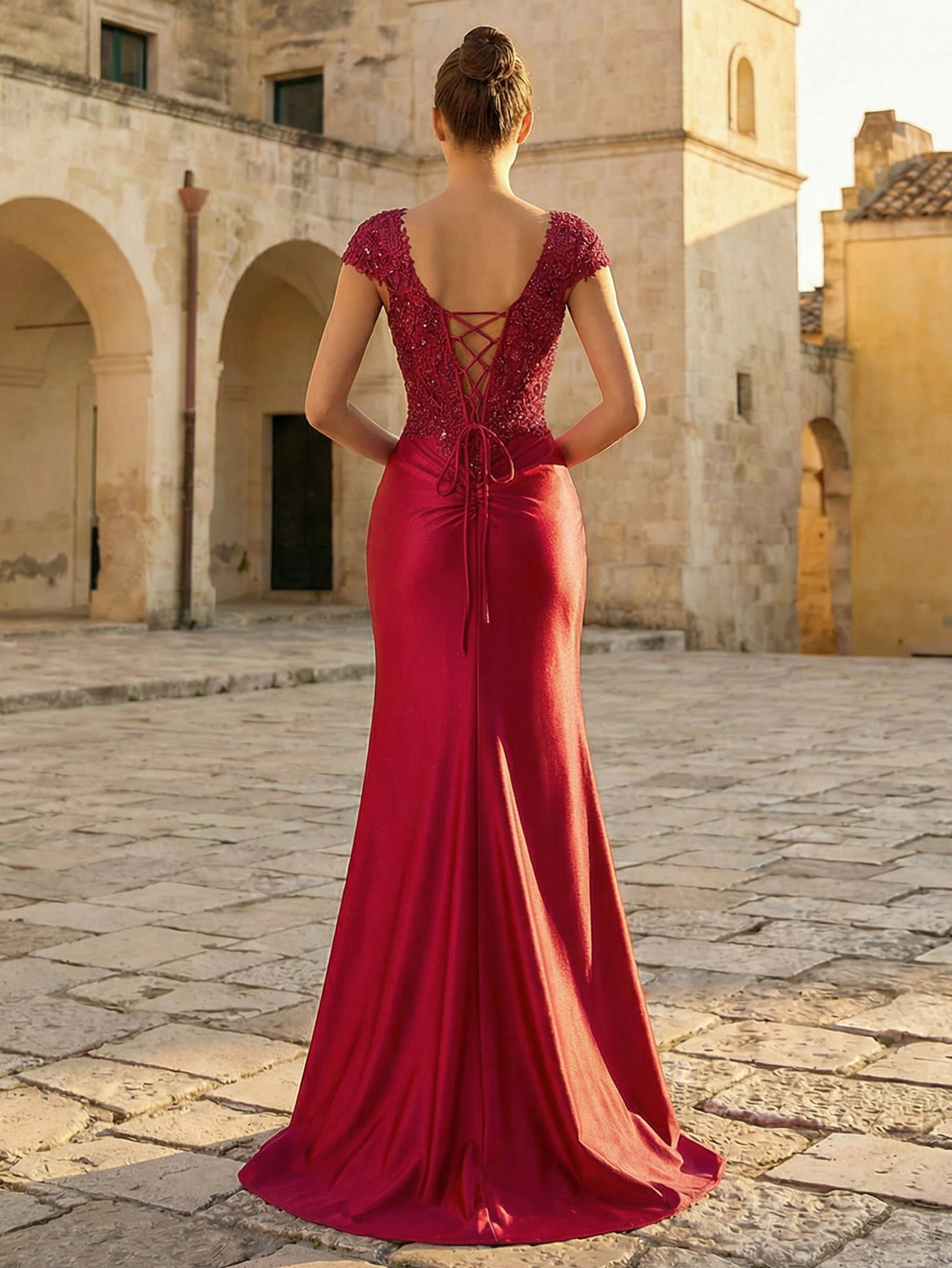 Burgundy Cape-Sleeve Lace Applique Sequin Mermaid Formal Gown