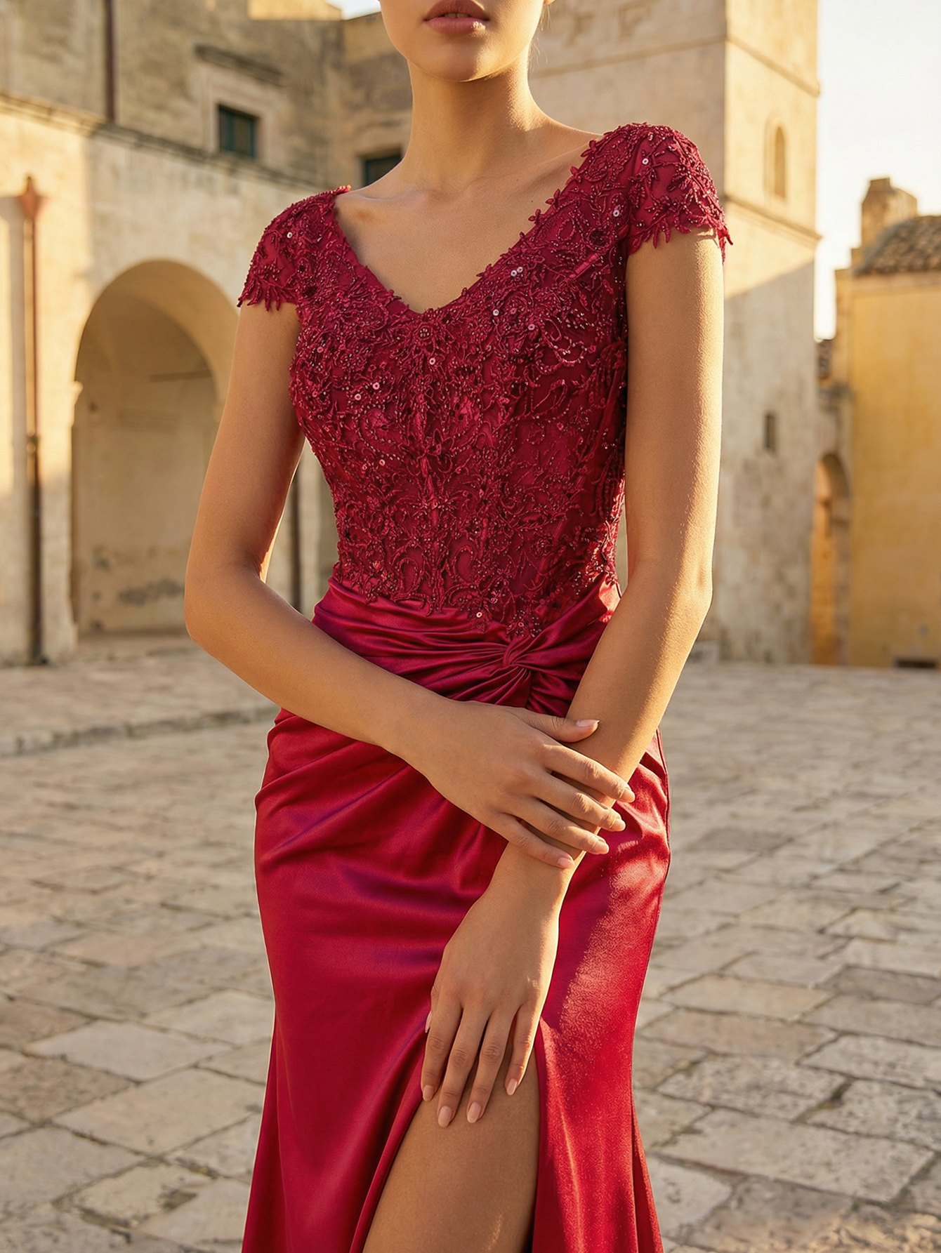 Burgundy Cape-Sleeve Lace Applique Sequin Mermaid Formal Gown