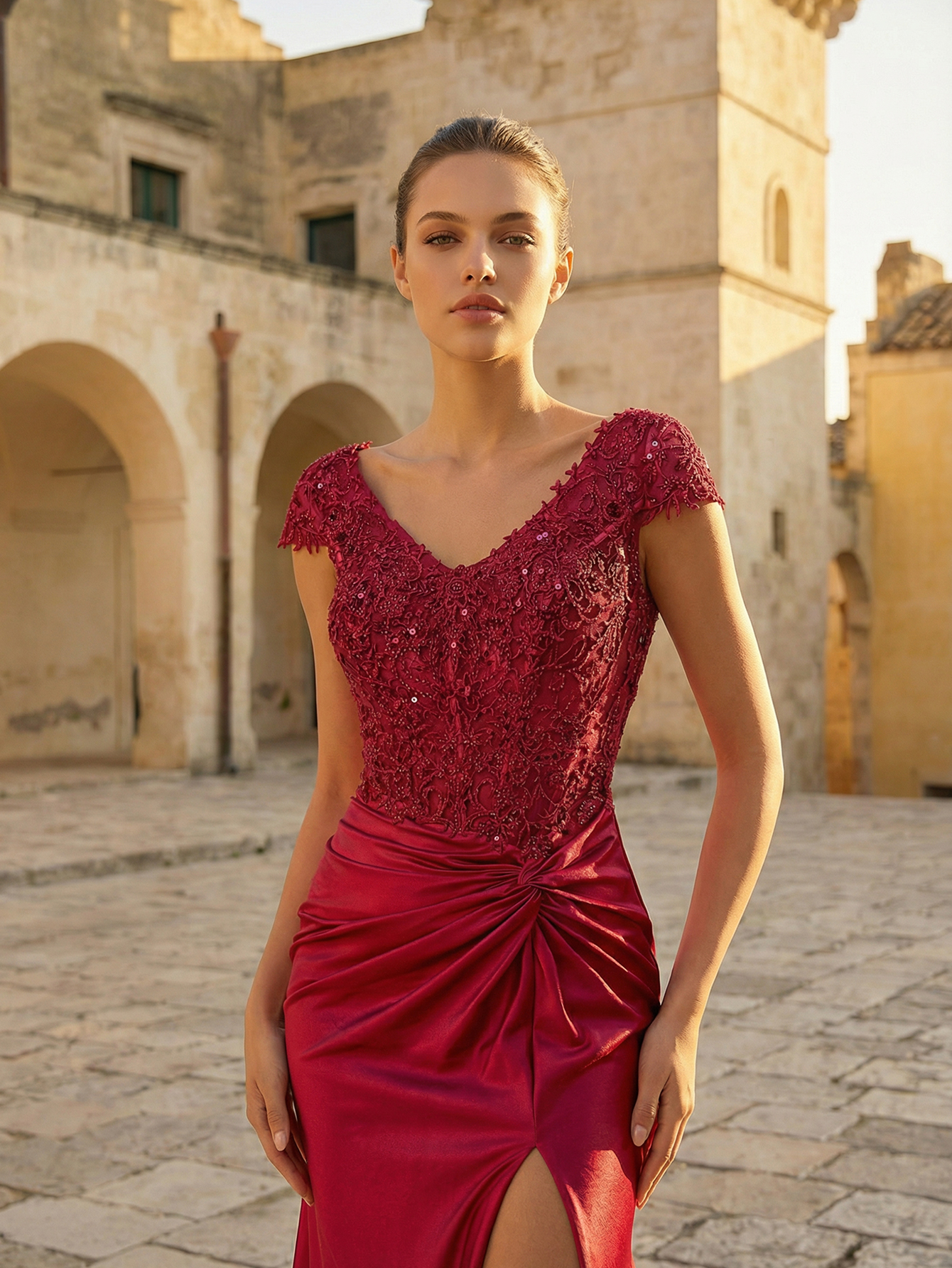 Burgundy Cape-Sleeve Lace Applique Sequin Mermaid Formal Gown