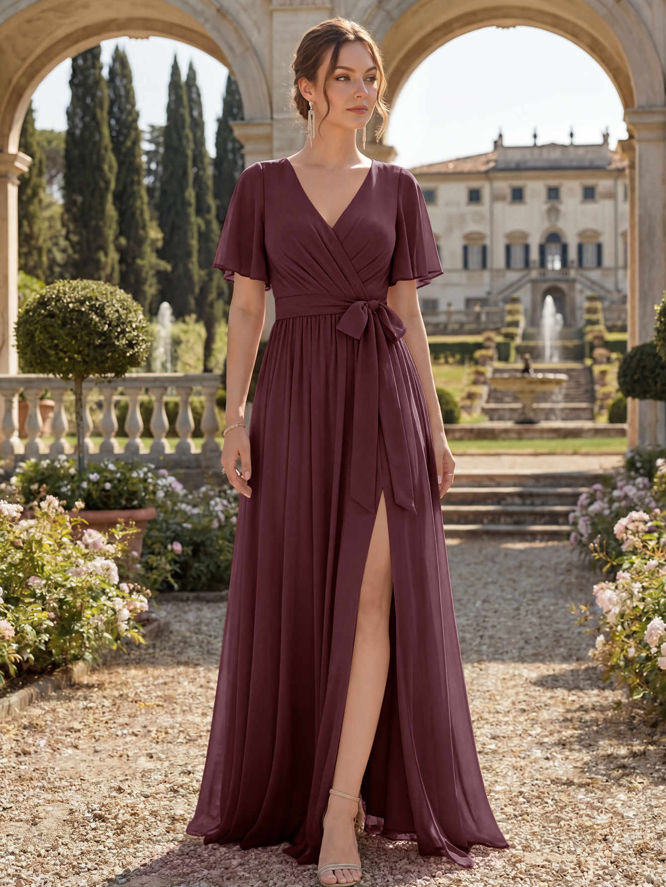 Chiffon Bridesmaid Dress V Neck Flutter Sleeve High Slit A-Line Gown