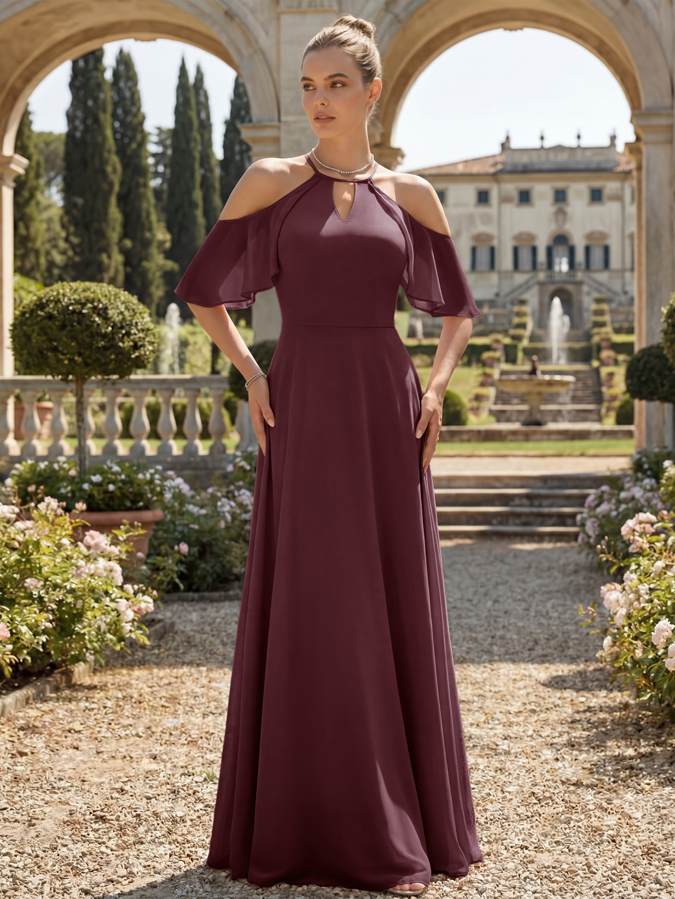 Cold-Shoulder Chiffon Bridesmaid Dress with Keyhole Neckline