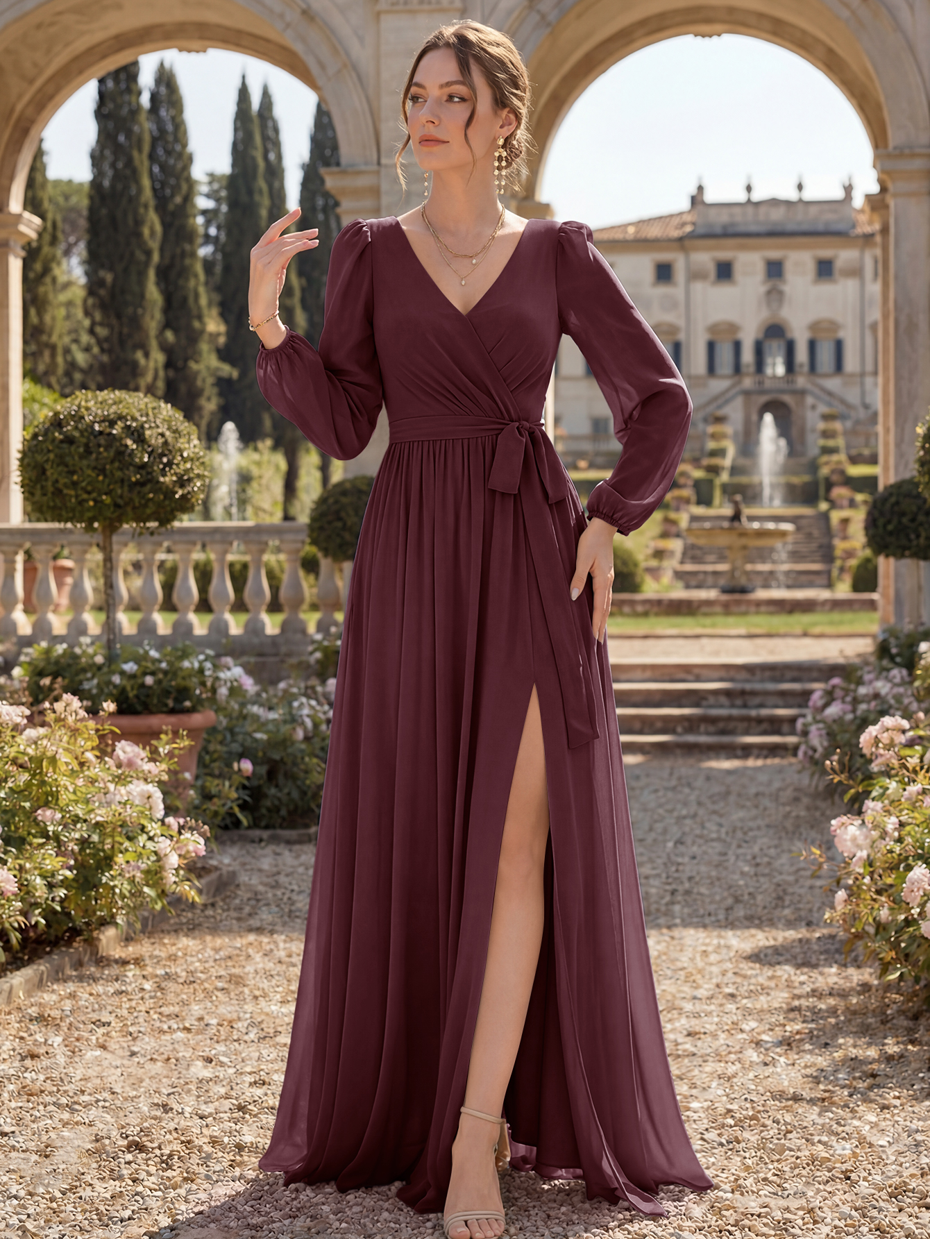 V-Neck Chiffon Bridesmaid Dress with Long Sleeves, Sash & High Slit