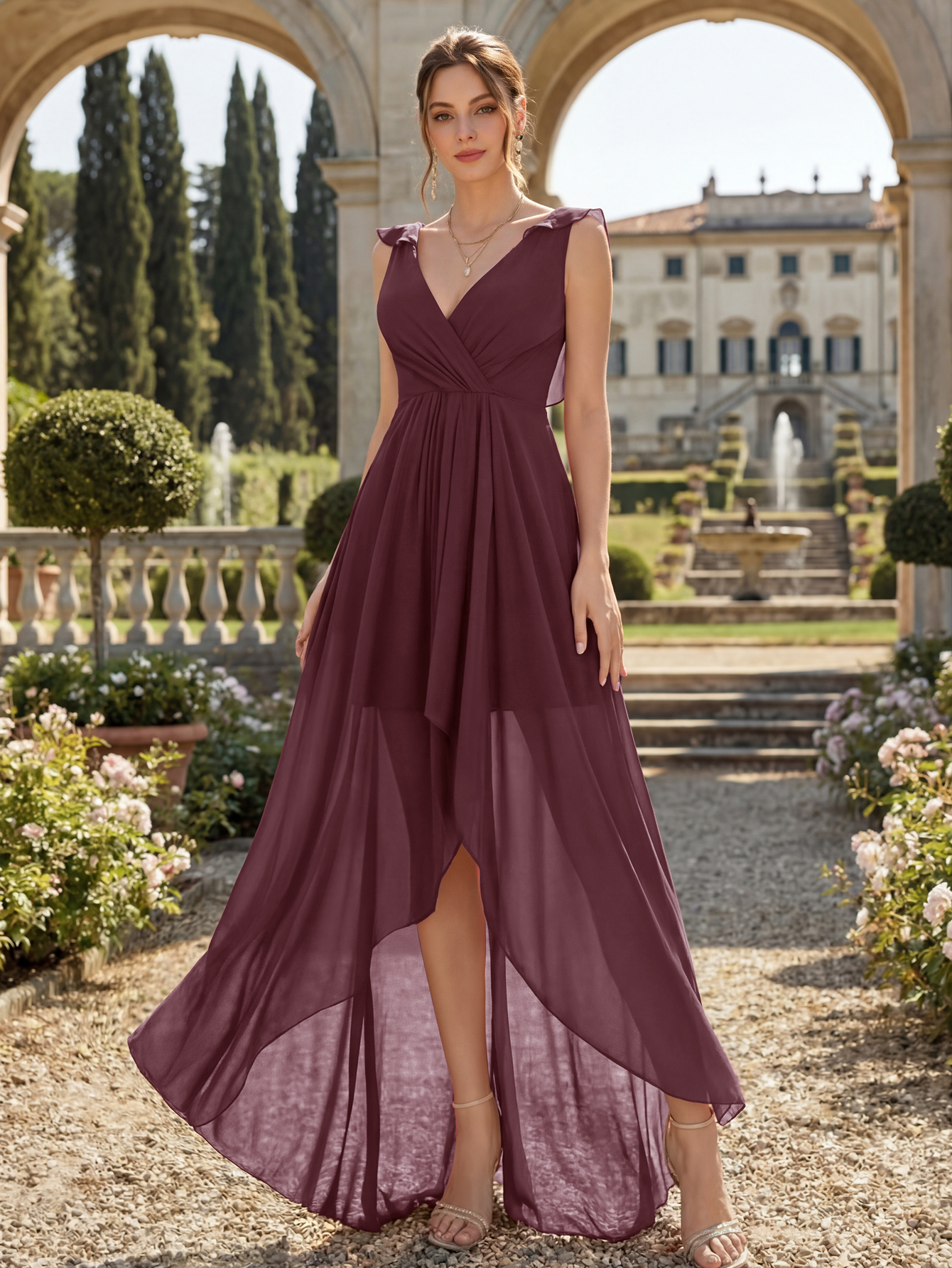 V-Neck High-Low Chiffon Bridesmaid Dress