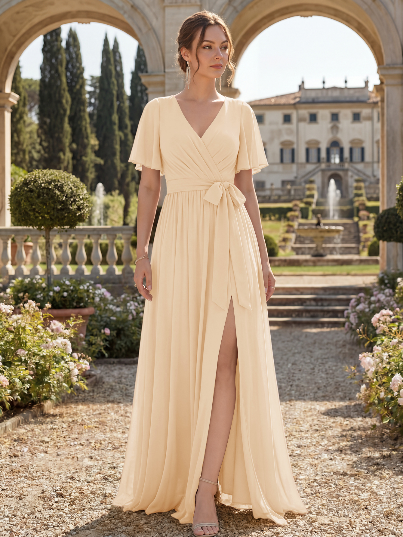 Chiffon Bridesmaid Dress V Neck Flutter Sleeve High Slit A-Line Gown
