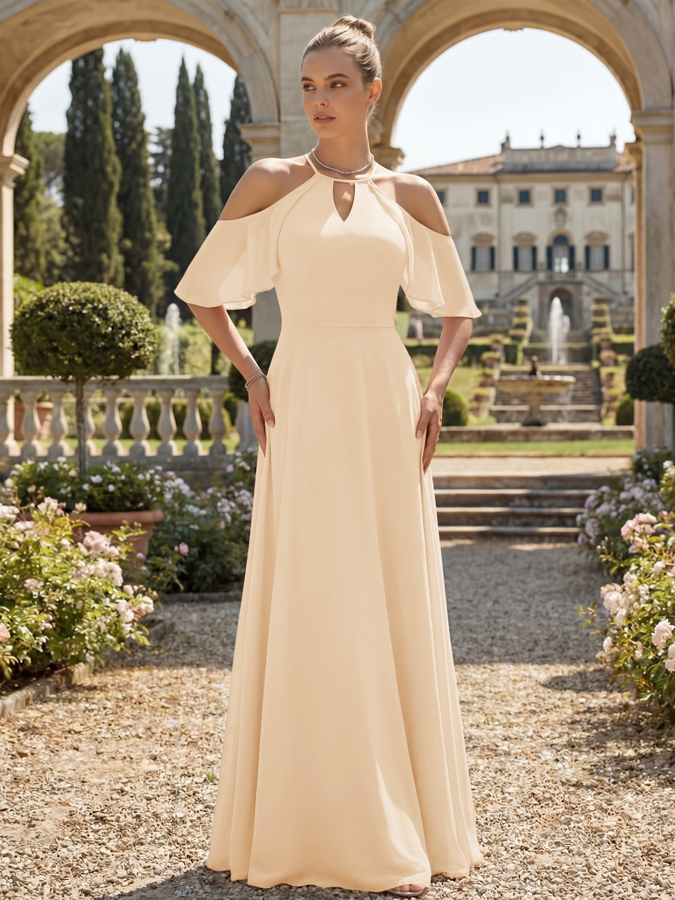 Cold-Shoulder Chiffon Bridesmaid Dress with Keyhole Neckline