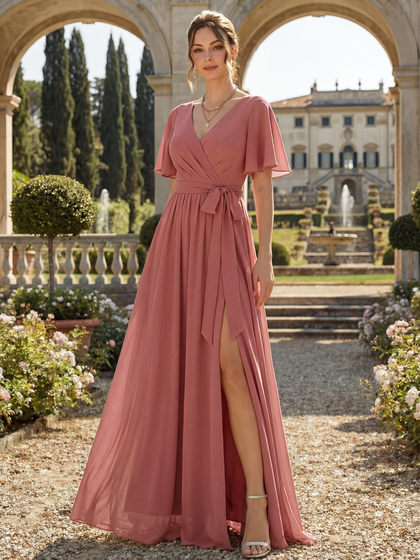 Chiffon Bridesmaid Dress V Neck Flutter Sleeve High Slit A-Line Gown