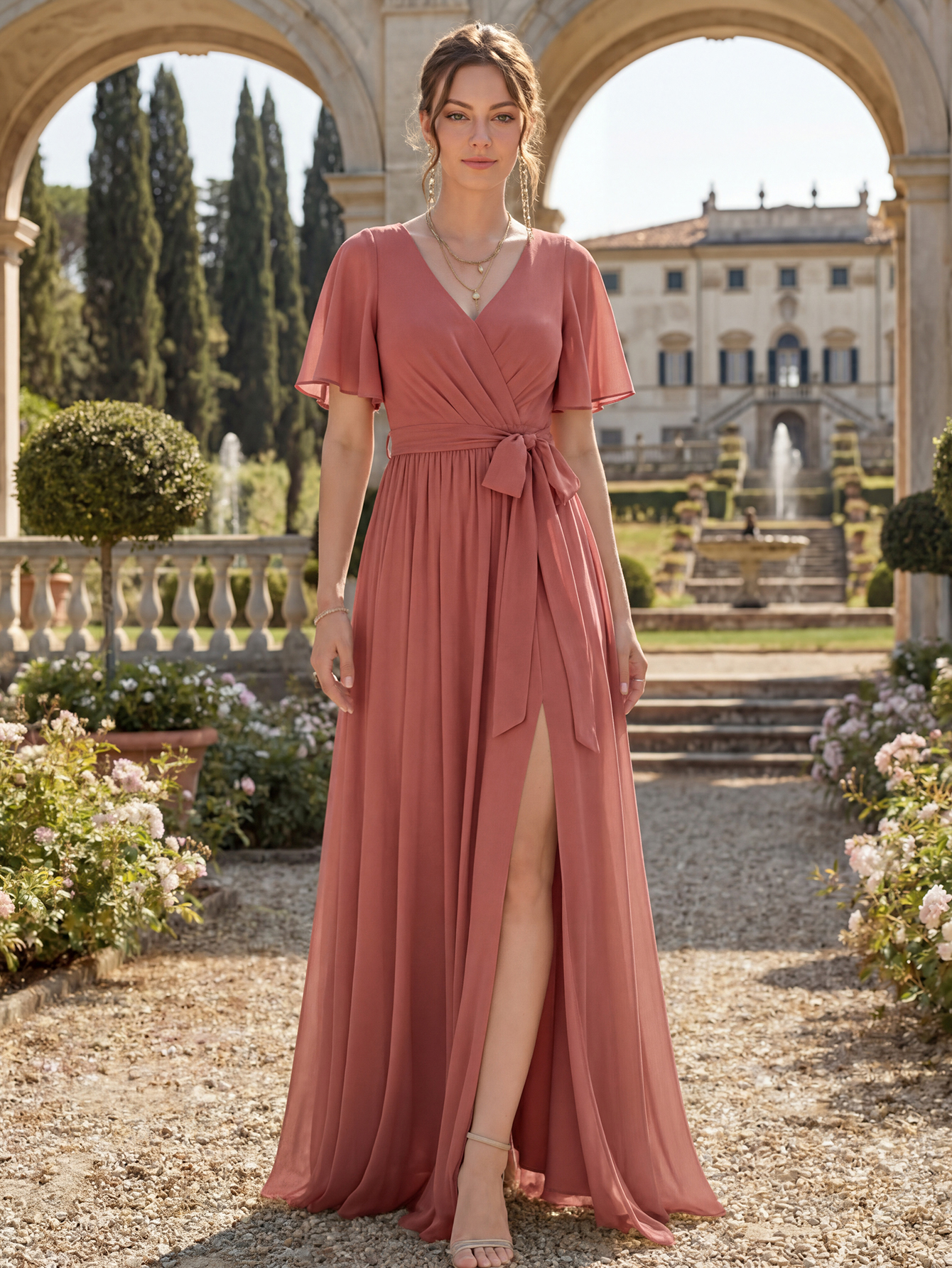 Chiffon Bridesmaid Dress V Neck Flutter Sleeve High Slit A-Line Gown