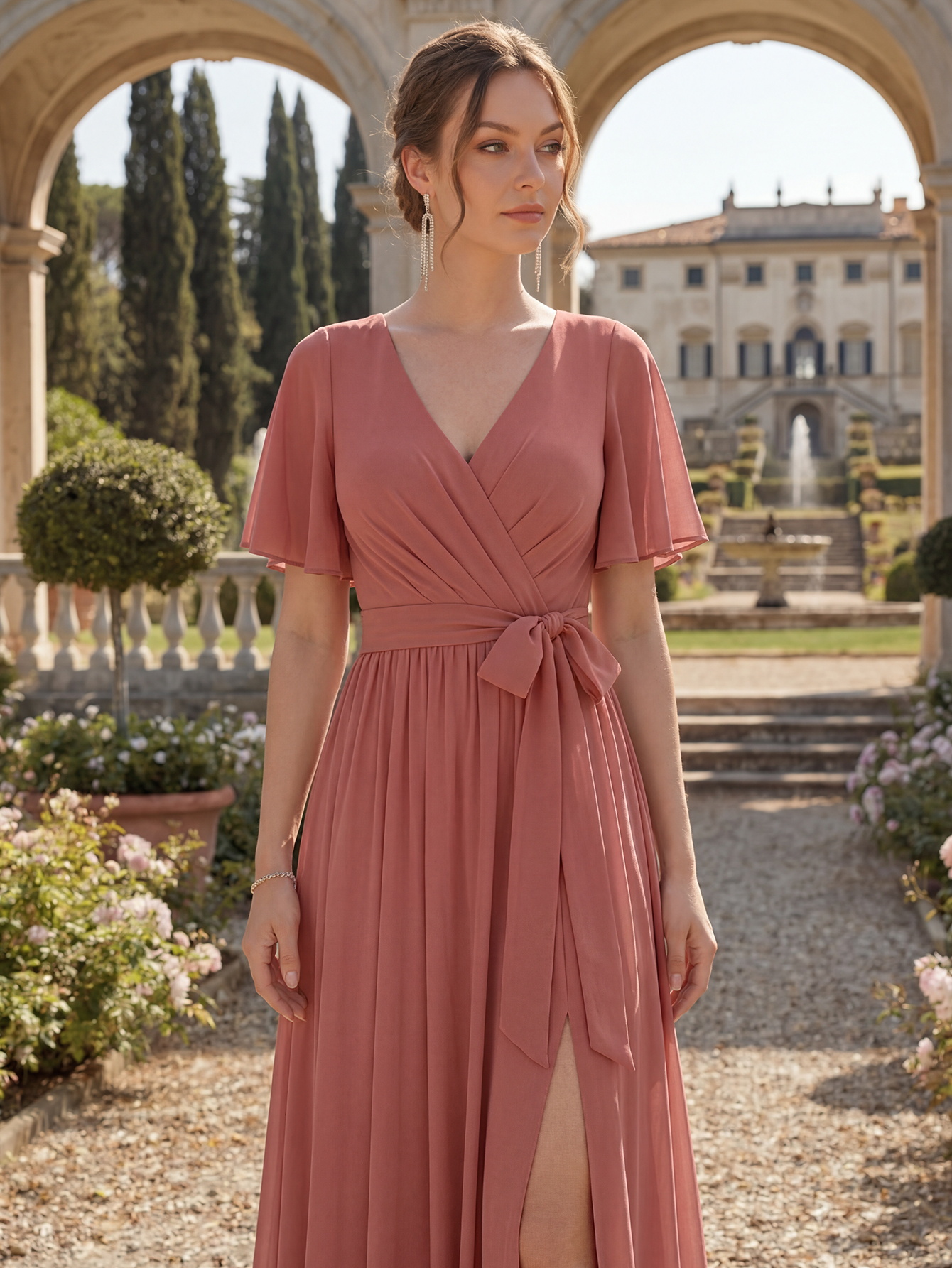 Chiffon Bridesmaid Dress V Neck Flutter Sleeve High Slit A-Line Gown