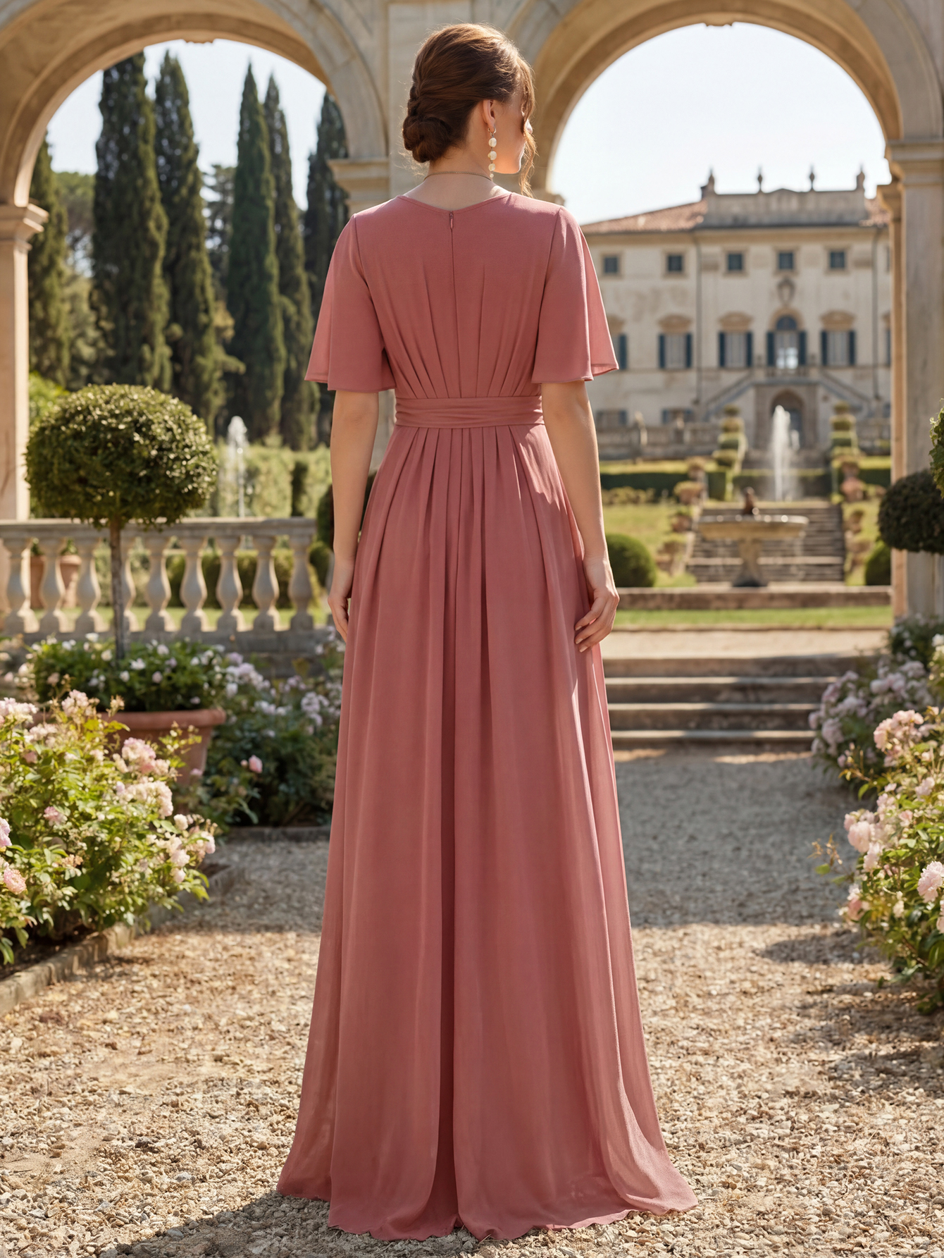 Chiffon Bridesmaid Dress V Neck Flutter Sleeve High Slit A-Line Gown