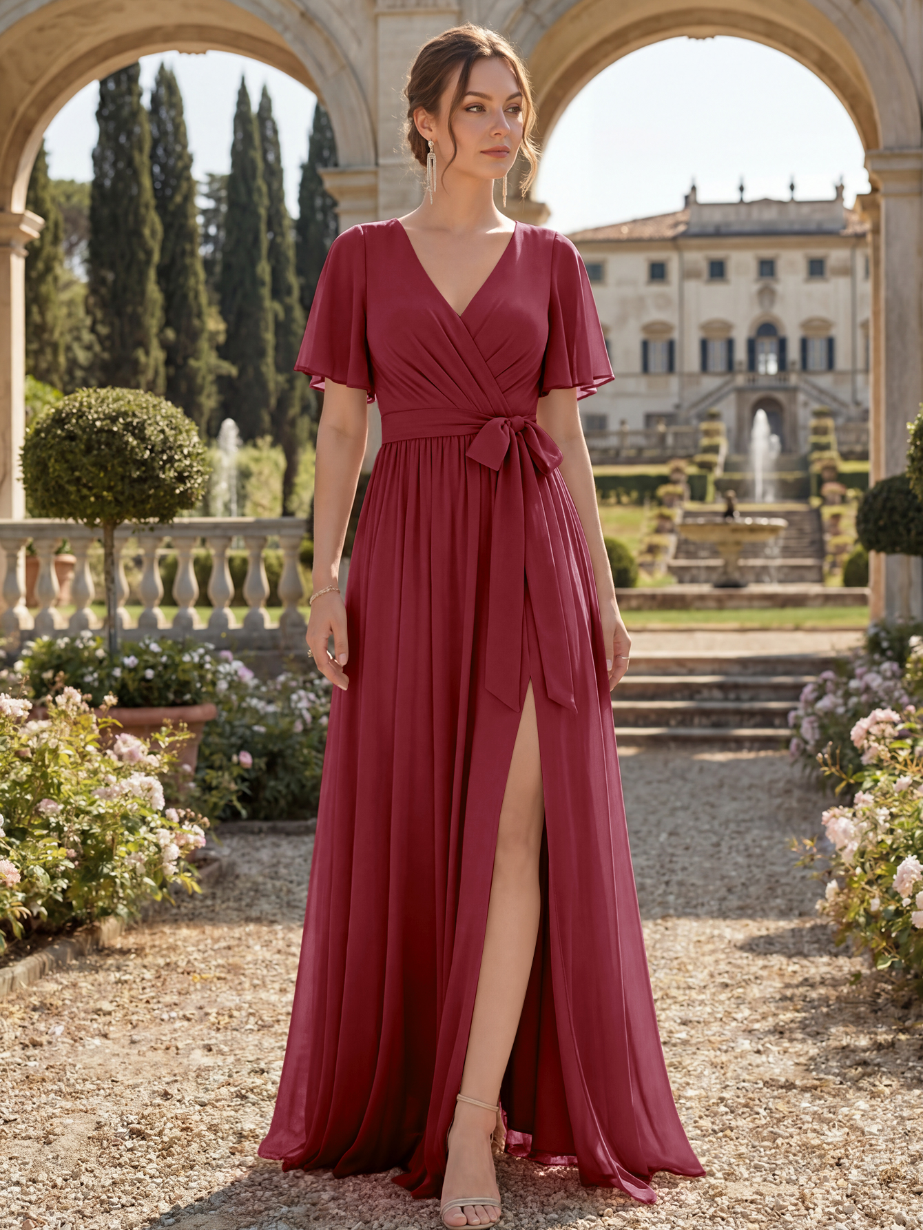 Chiffon Bridesmaid Dress V Neck Flutter Sleeve High Slit A-Line Gown