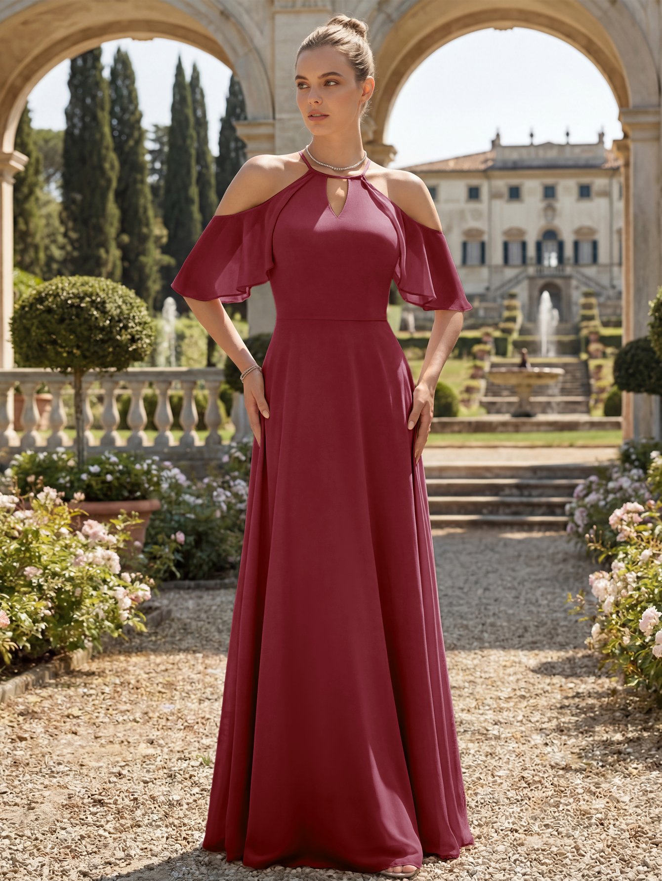 Cold-Shoulder Chiffon Bridesmaid Dress with Keyhole Neckline