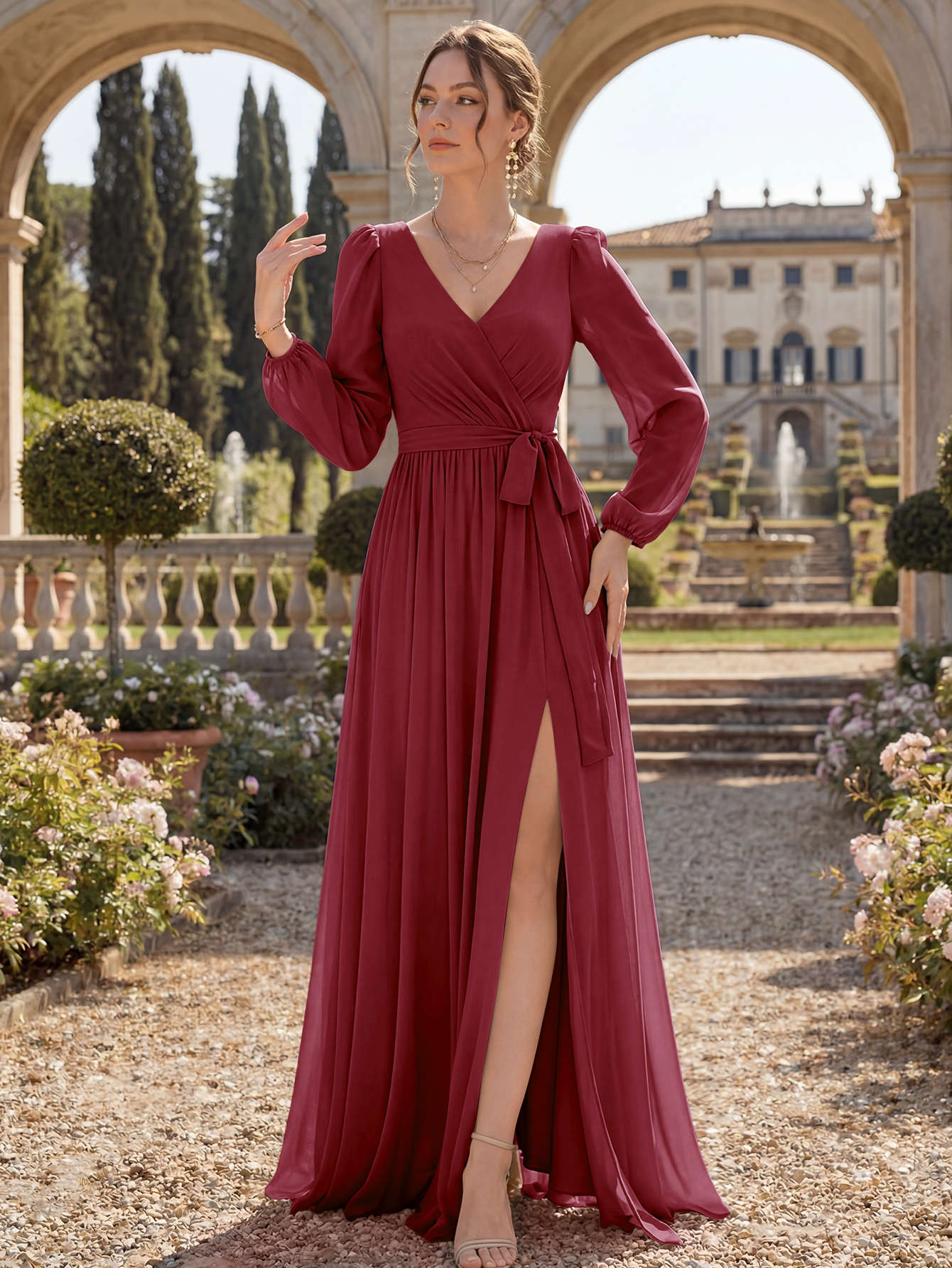 V-Neck Chiffon Bridesmaid Dress with Long Sleeves, Sash & High Slit