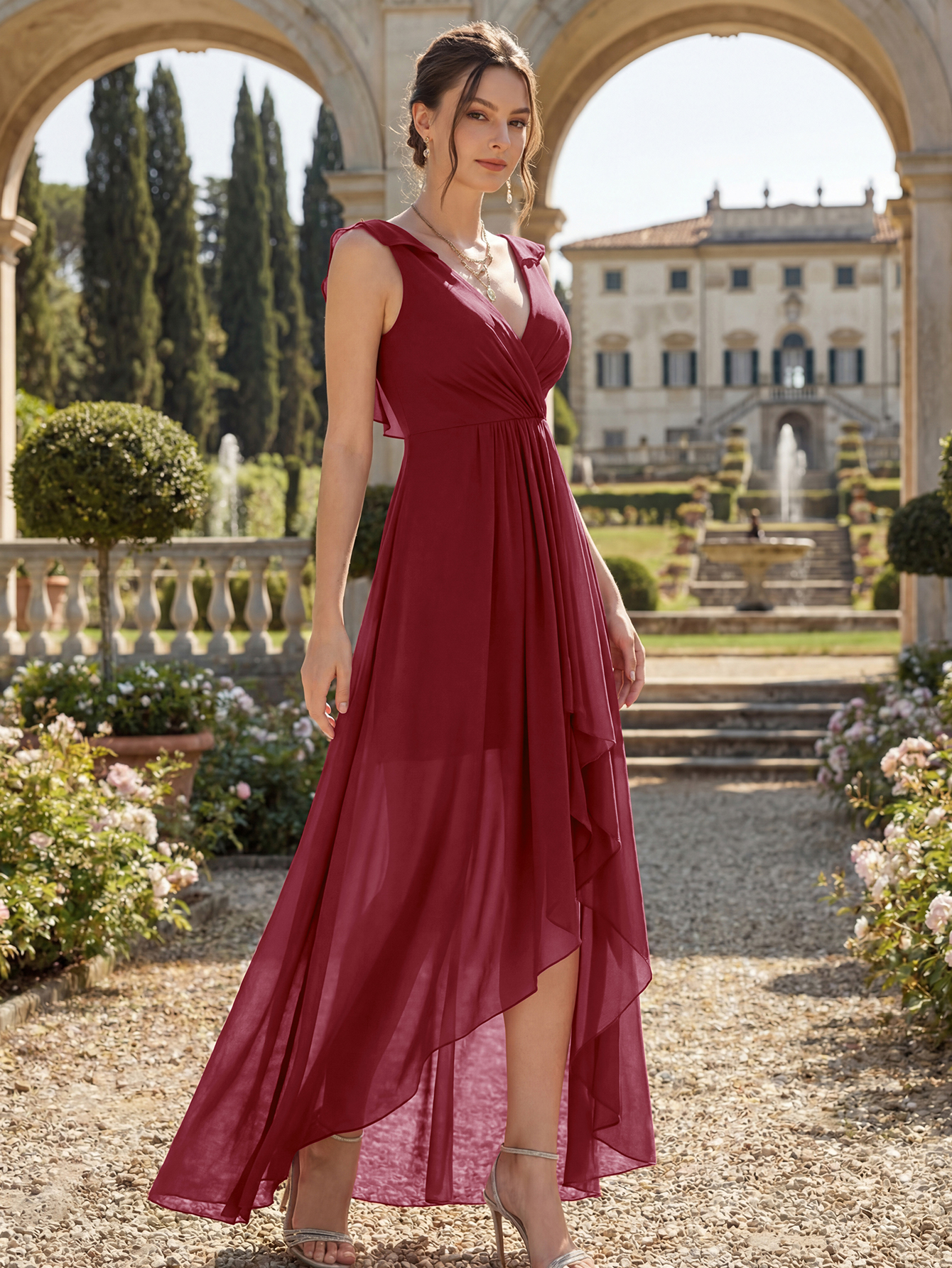 V-Neck High-Low Chiffon Bridesmaid Dress