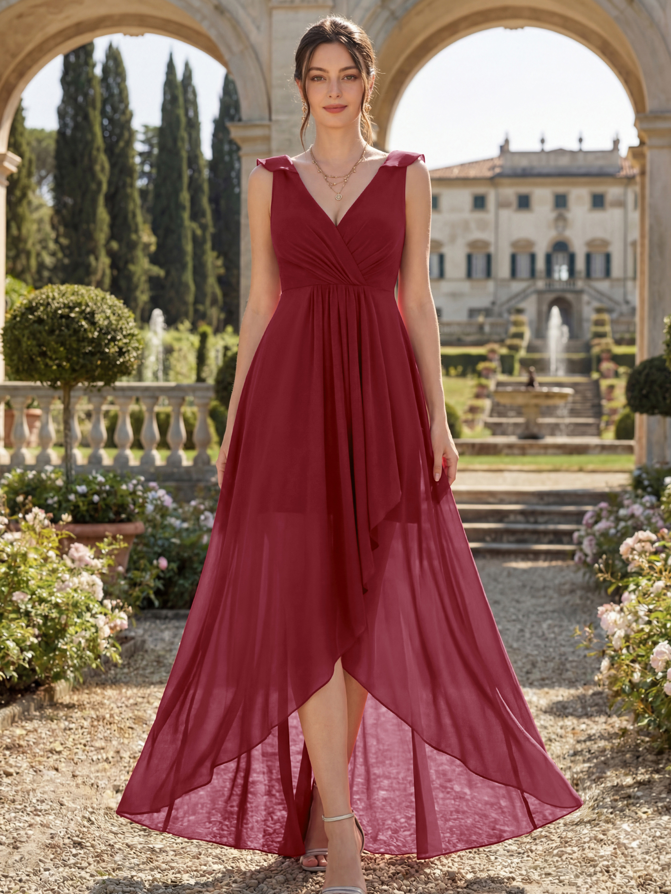 V-Neck High-Low Chiffon Bridesmaid Dress