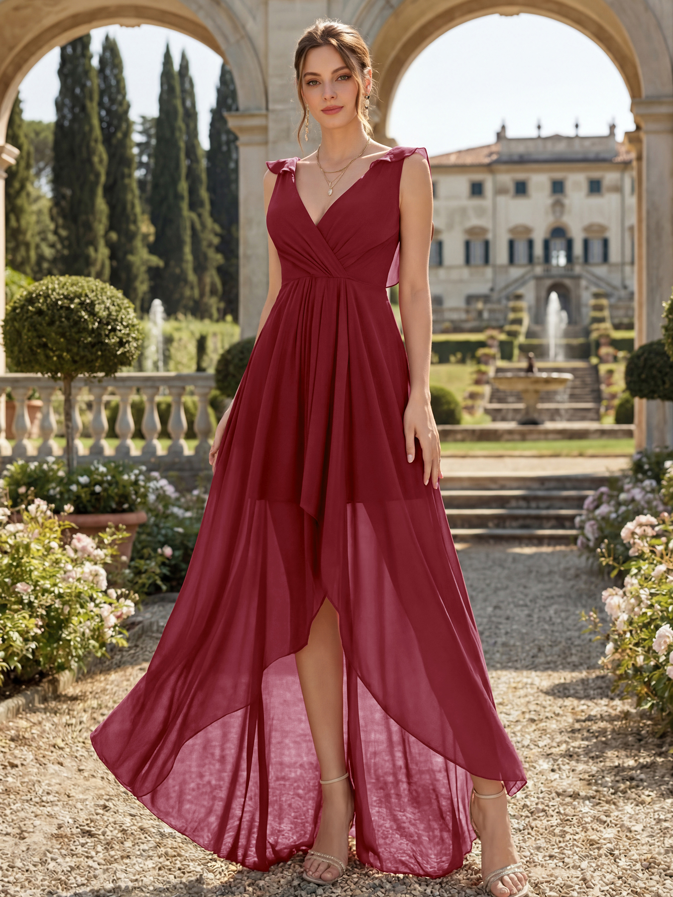 V-Neck High-Low Chiffon Bridesmaid Dress